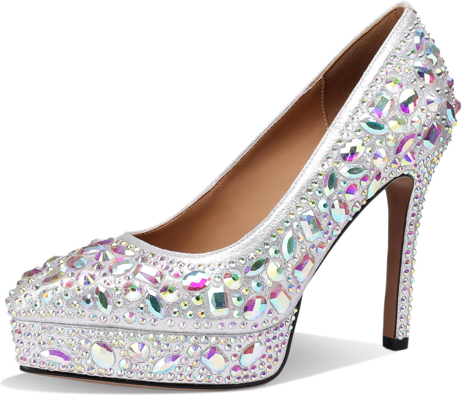 TDD Platform Heels for Women Glitter Crystal Rhinestone Square Toe Closed Toe Chunky Pumps Comfortable Dressy Wedding Elegantes Wide Comfortable Tacones 5 Inch High Heels