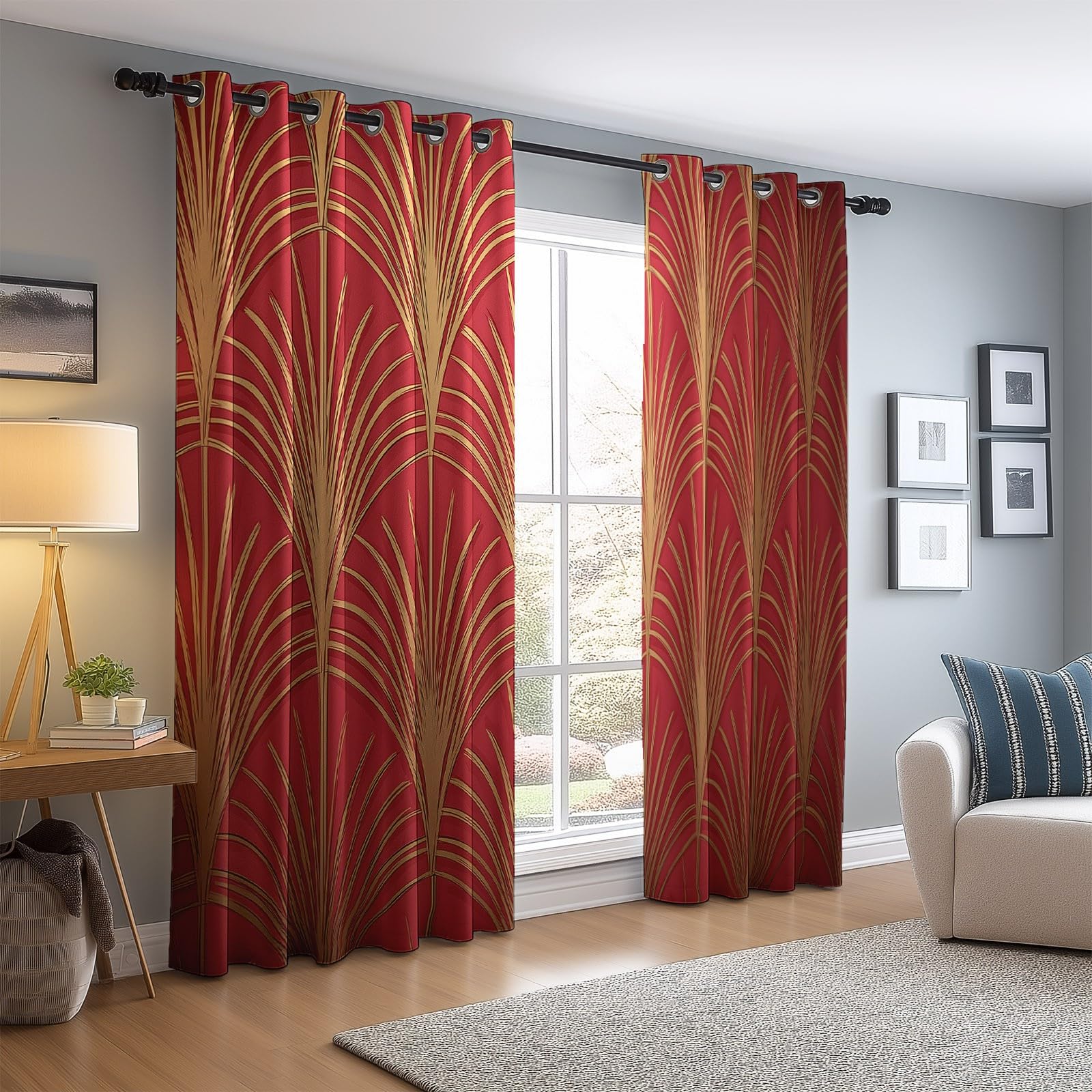 Éventail Élégant Et Luxueux Géométrique Rideaux Longs 140L X 260H cm (2 Panneaux), Tissu Occultant Thermique pour Baie Vitrée, Rouge Or