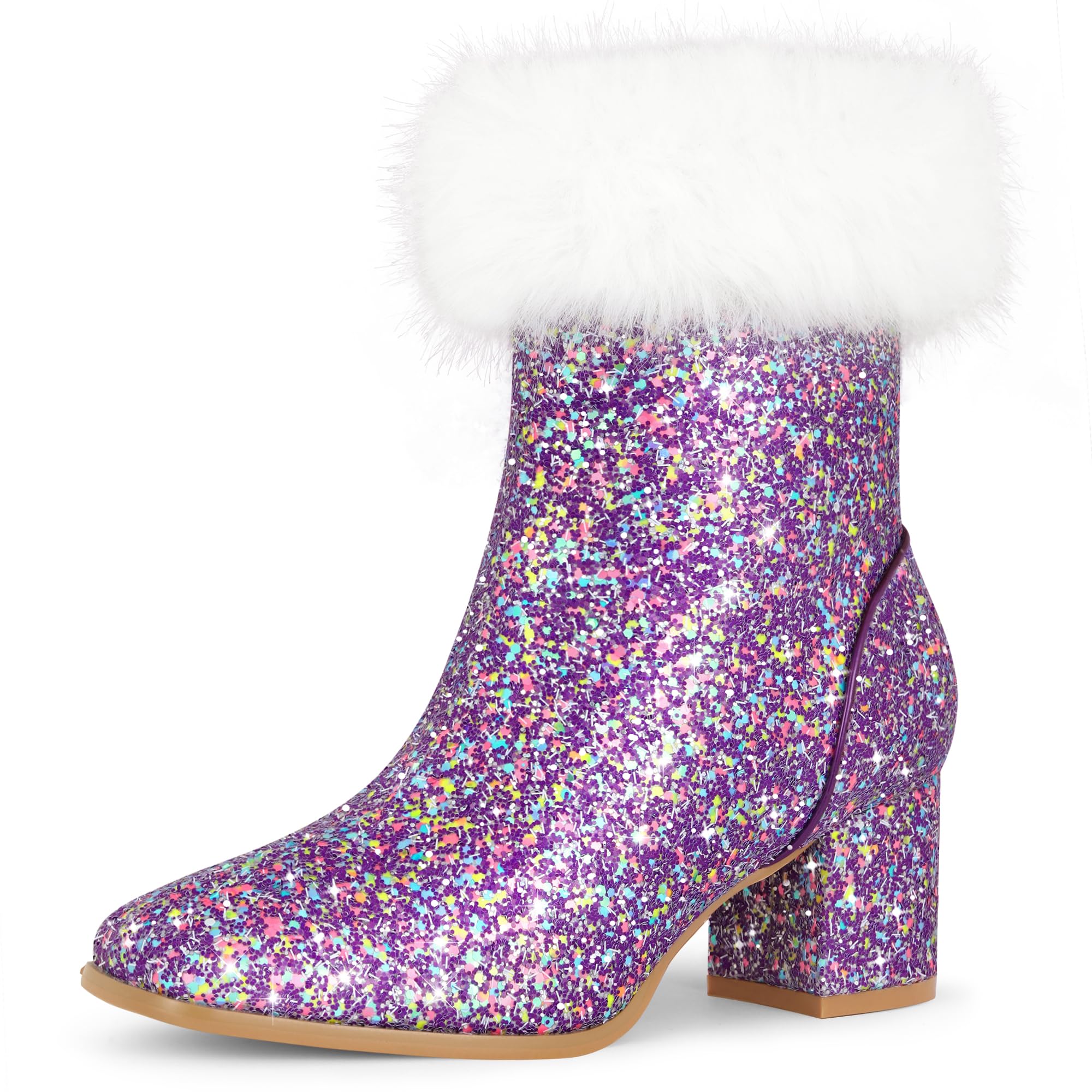 Allegra K Sparkly Glitter Boots for Women Square Toe Chunky Heel Faux Fur Ankle Boots