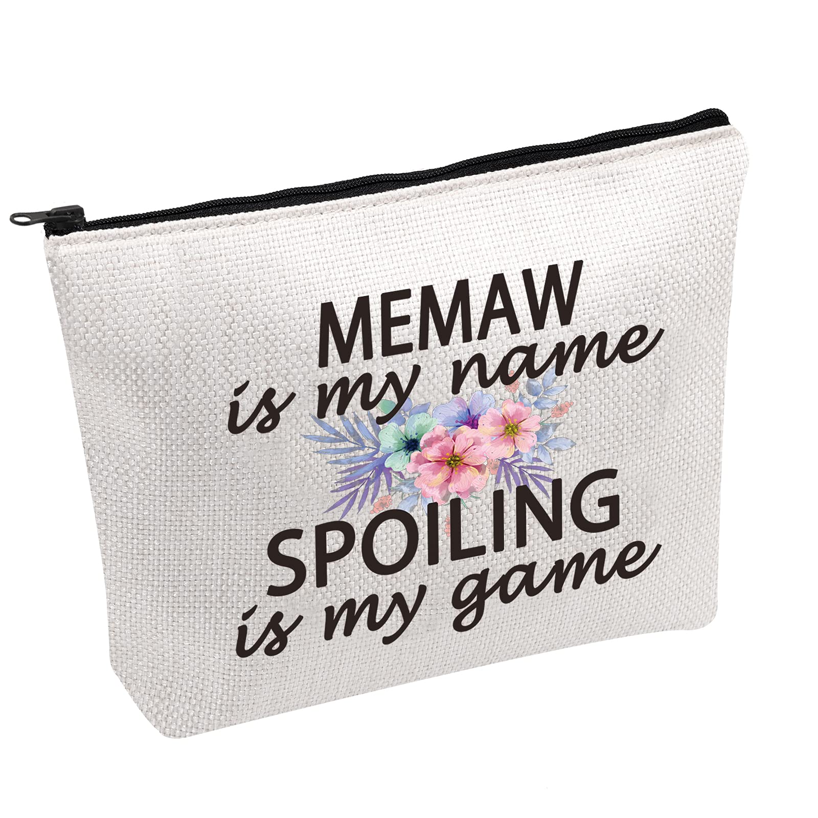 Kosmetiktasche Mit Aufdruck "Memaw Is My Name Spoiling Is My Game" – 23x17 Cm, 100% Polyester, Weiß Mit Schwarzem Reißverschluss
