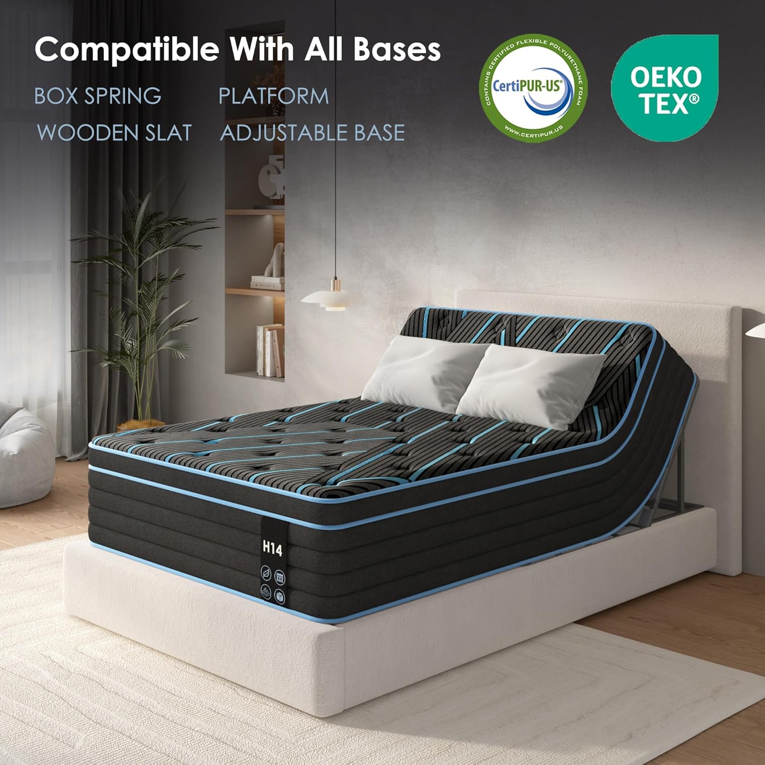 King 14 Inch Hybrid Mattress, Medium Firm Pocket Spring Support Core with Cooling Gel Memory Foam, Motion Isolation, Pressure Relief, CertiPUR-US & Oeko-TEX Certified, Mattress in a Box