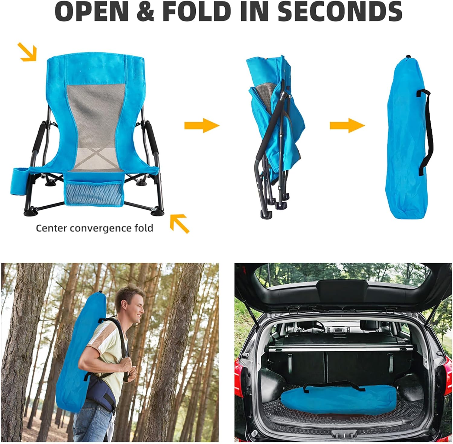 Portable Folding Beach Chair for Adults Set of 4- Lightweight Low Back Sling Chair with Cup Holder & Storage Pocket, 300lbs Capacity Camping Chair for Outdoor, Lawn, Concert, Travel (Blue)