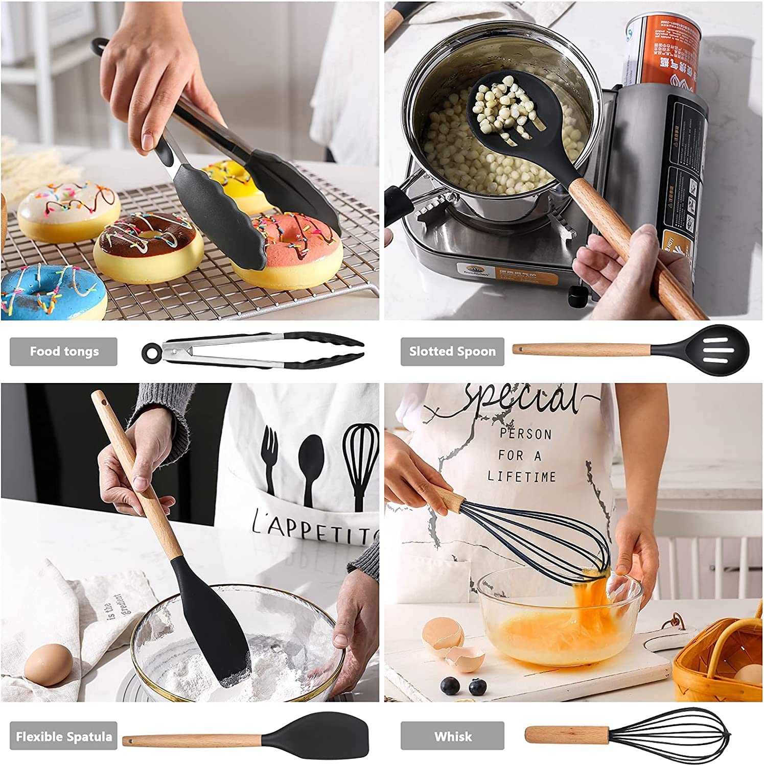Juego de Utensilios de Cocina de Silicona, 12PCS, sin BPA, Herramientas Antiadherentes y Resistentes al Calor con Mango de Madera, Cuchara/Espátulas/Pinza