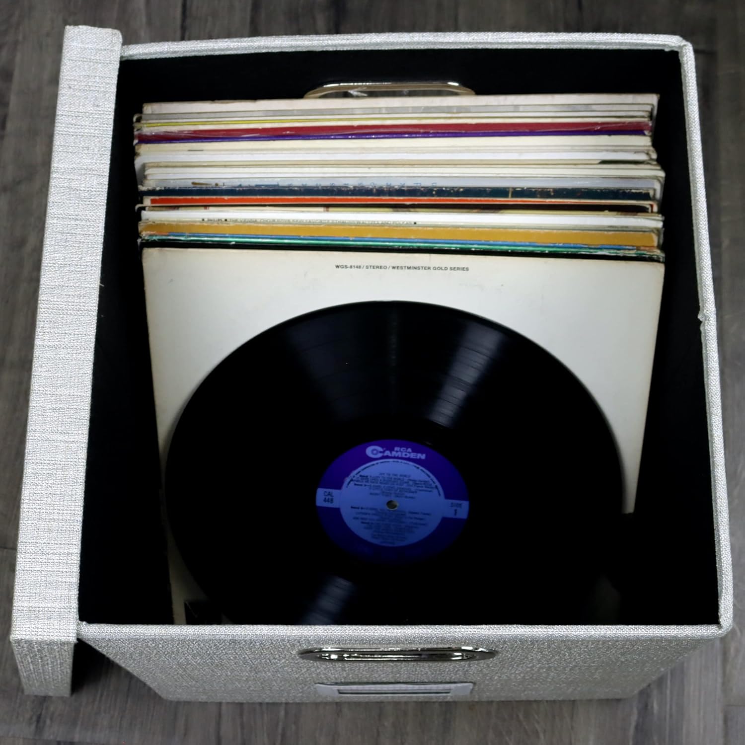 LAVAROCK VINYLS Record Storage Box - Strong and Stylish LP Holder for 50+ Single Records - Sturdy Crate to Protect Your Precious Album Collection (Shiny Silver)