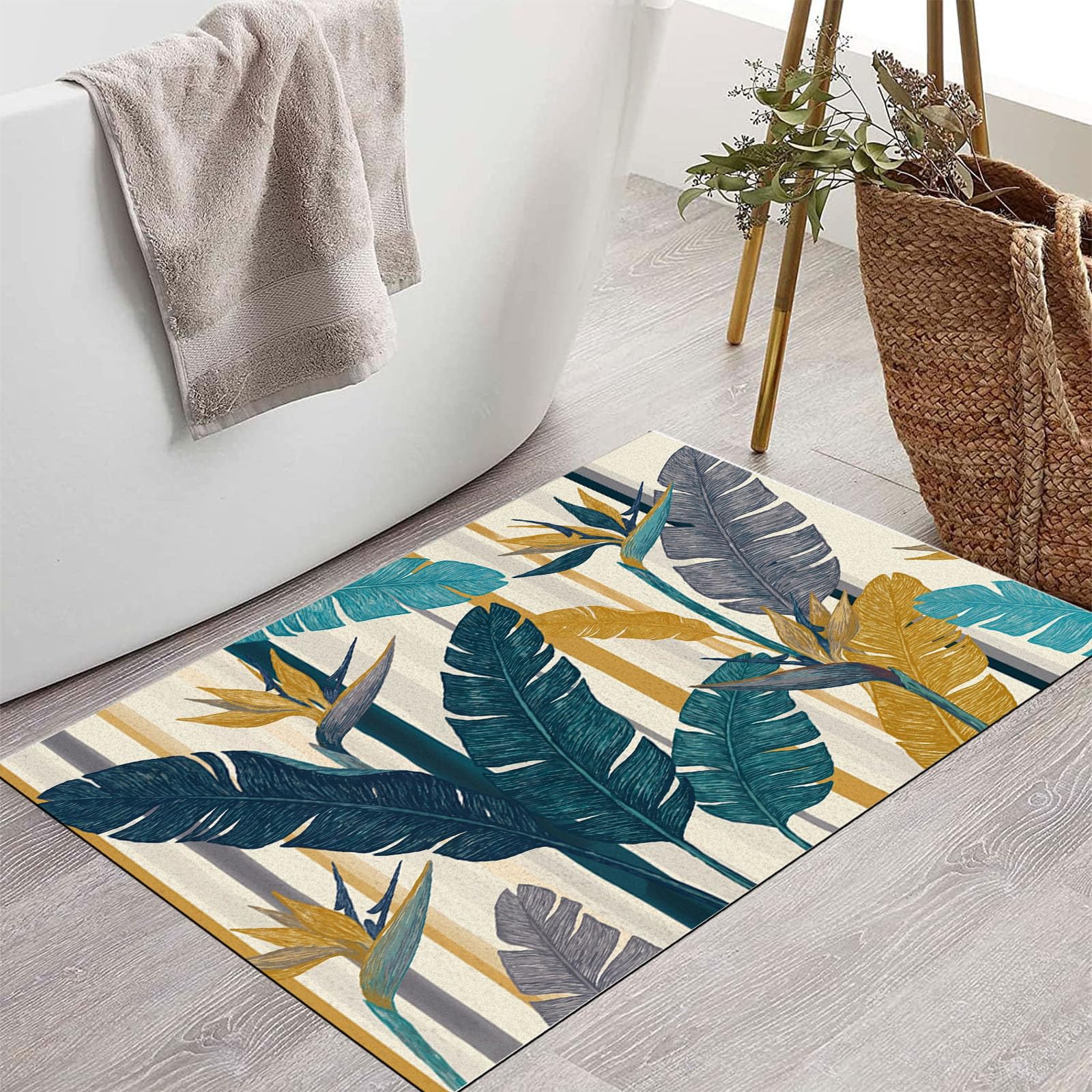 Zerbino Ingresso Interno Piante Subtropicali Boeme, Zerbino Di Benvenuto Lavabile Morbida Strisce Foglie Di Palma, Antiscivolo Tappeto Da Decorazioni Beige Per Casa Porta, 60X90Cm
