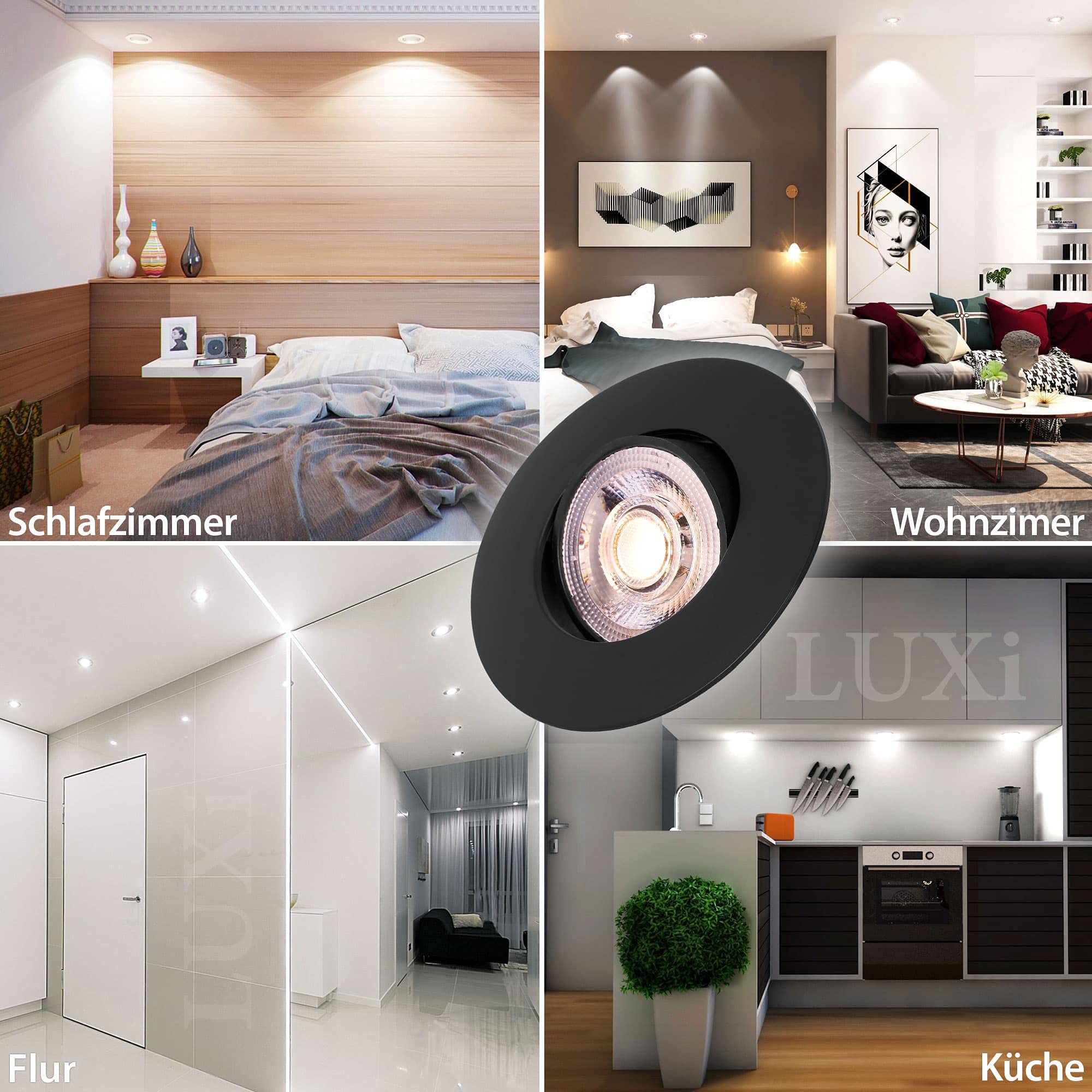 max K O M F O R T 12x LED Einbaustrahler LUXi Spot – Ultra Flach – 5W – 3-Step Dimmbar – 230V – Schwenkbare Einbauleuchten – Deckenspots Einbauspot Schwarz – Rund
