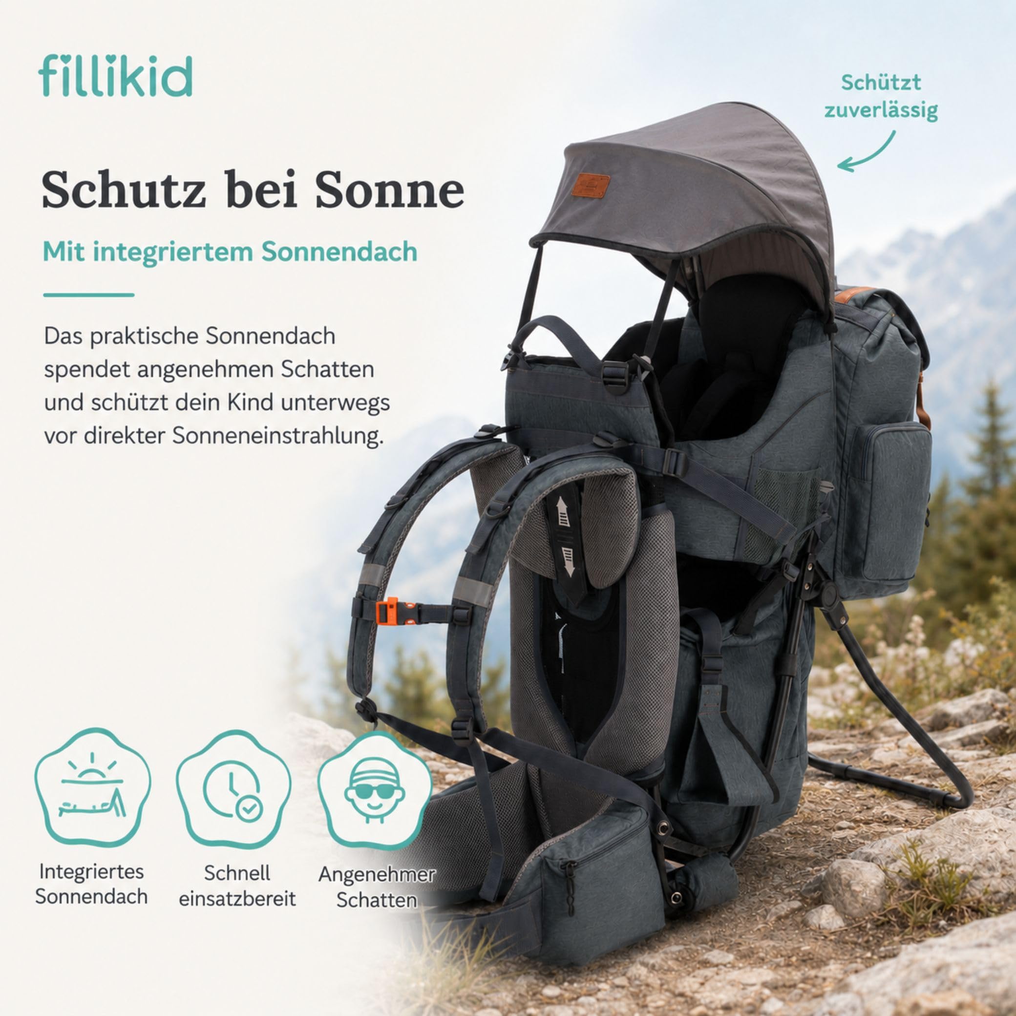 Fillikid Premium Babytrage Rückentrage Baby | Rücken Babytrage mit Sonnendach & großen Staufächern | Kraxe zum Wandern mit Baby Kleinkind | Tragesitz bis 20 kg | Kindertrage Ultra leicht