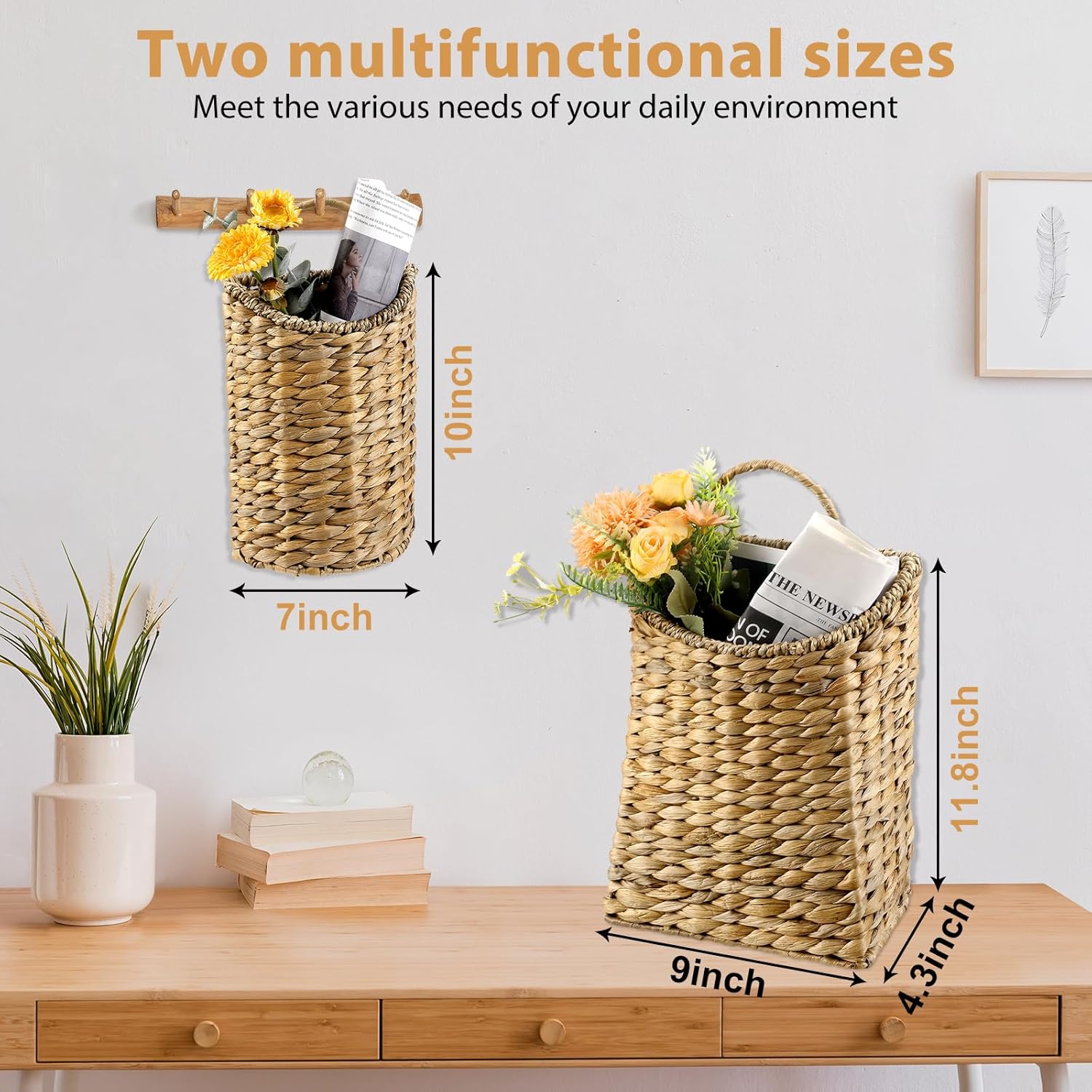 2 Pack Woven Hanging Basket Set, Wicker Wall Baskets Handmade Seagrass Planters for Front Door, Garden, Farmhouse Home Decor