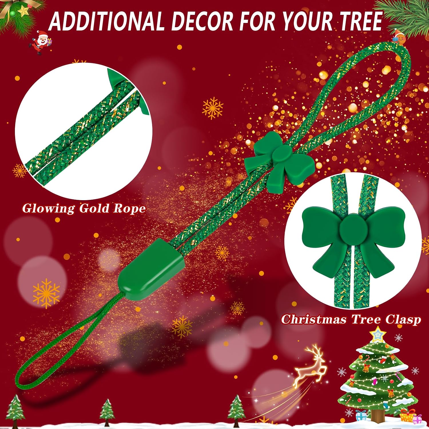 ANGAR 36 Pcs Adjustable Christmas Ornament Hooks, No-Slip Cat Child Proof Ornament Hangers String for Hanging Christmas Tree Decorations, Strong Accessorie for Small & Large Ornaments(Shiny Green)