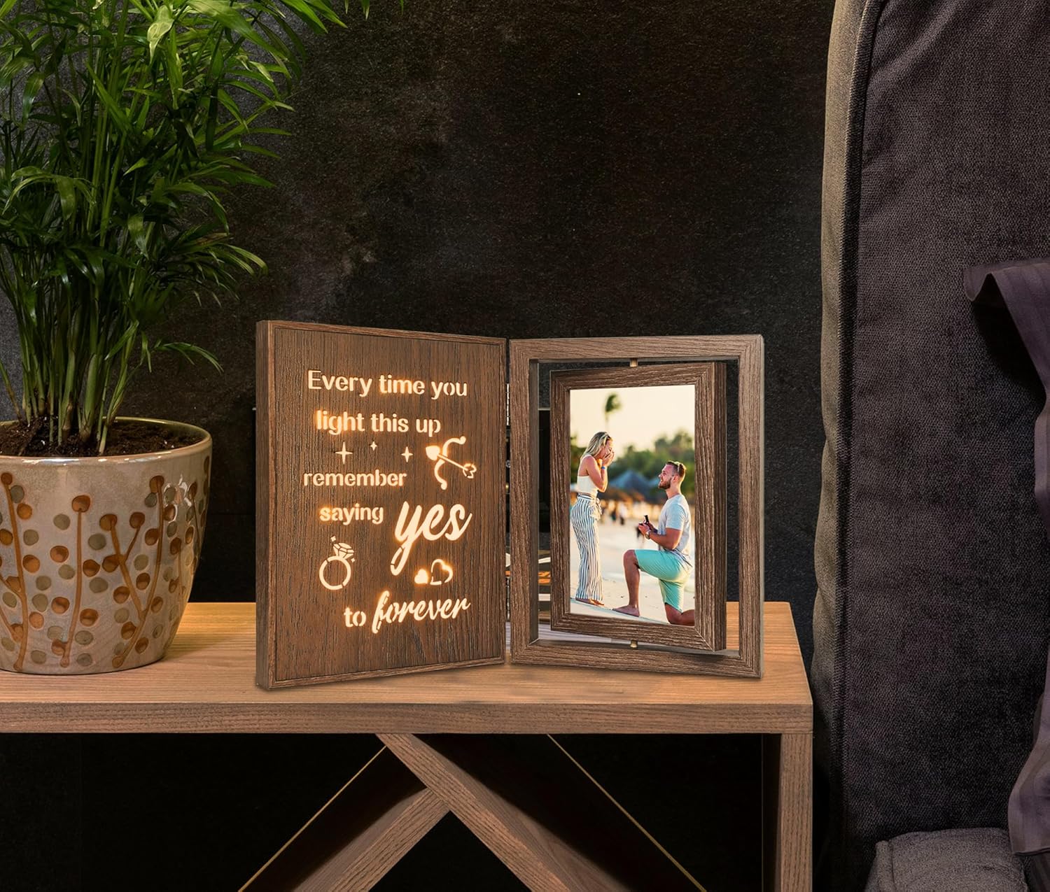 Light Up Engagement Picture Frame – Wooden Rotating Glowing 4x6 Double Photo Frame with Romantic Quote, Engagement Gifts for Couples & Women Newly Engaged - Image 6