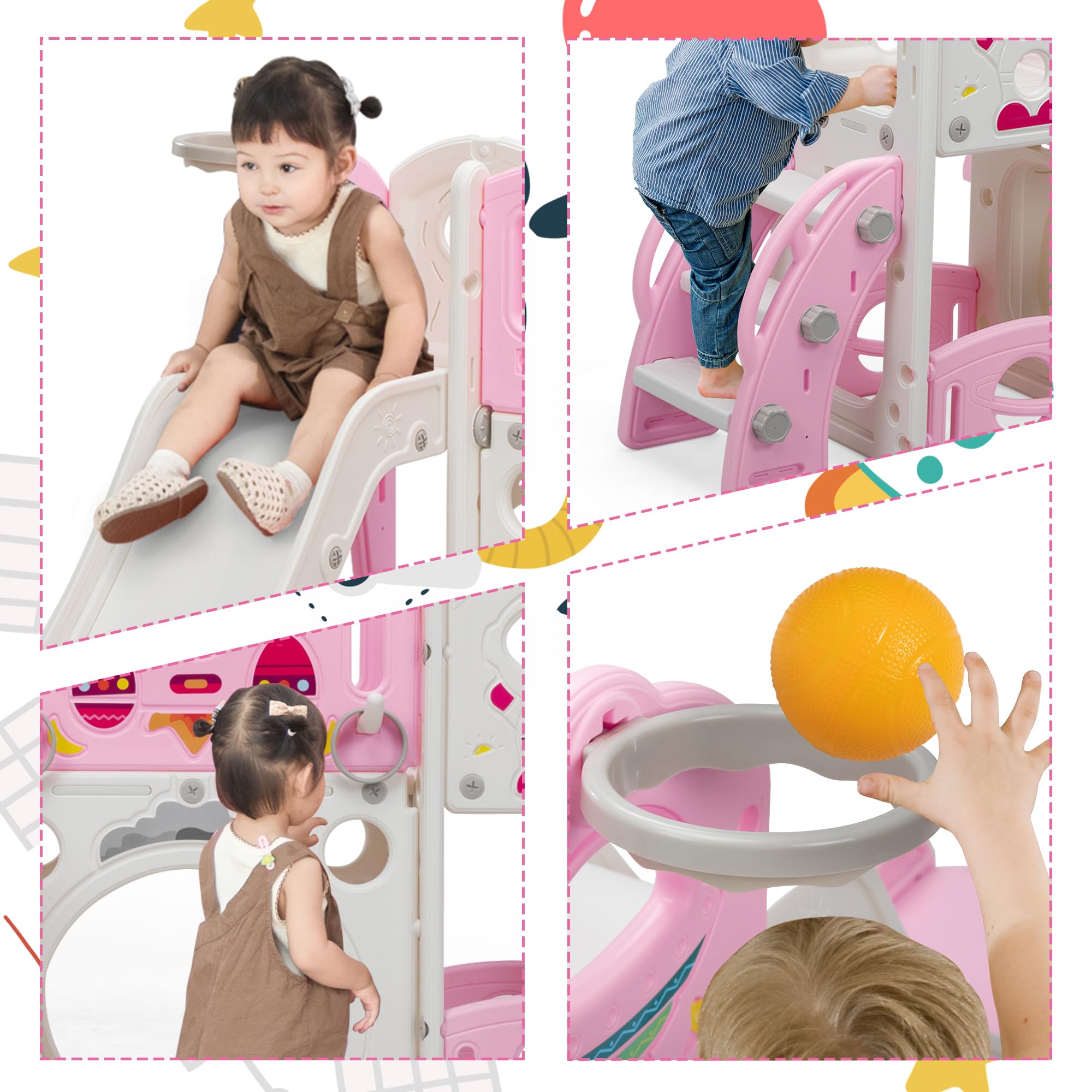 Juego de tobogán para niños 9 en 1 y juego de escalada para patio trasero independiente para niños de 1 a 4 años, con escalera, trastero, túnel, telescopios, caña multifunción