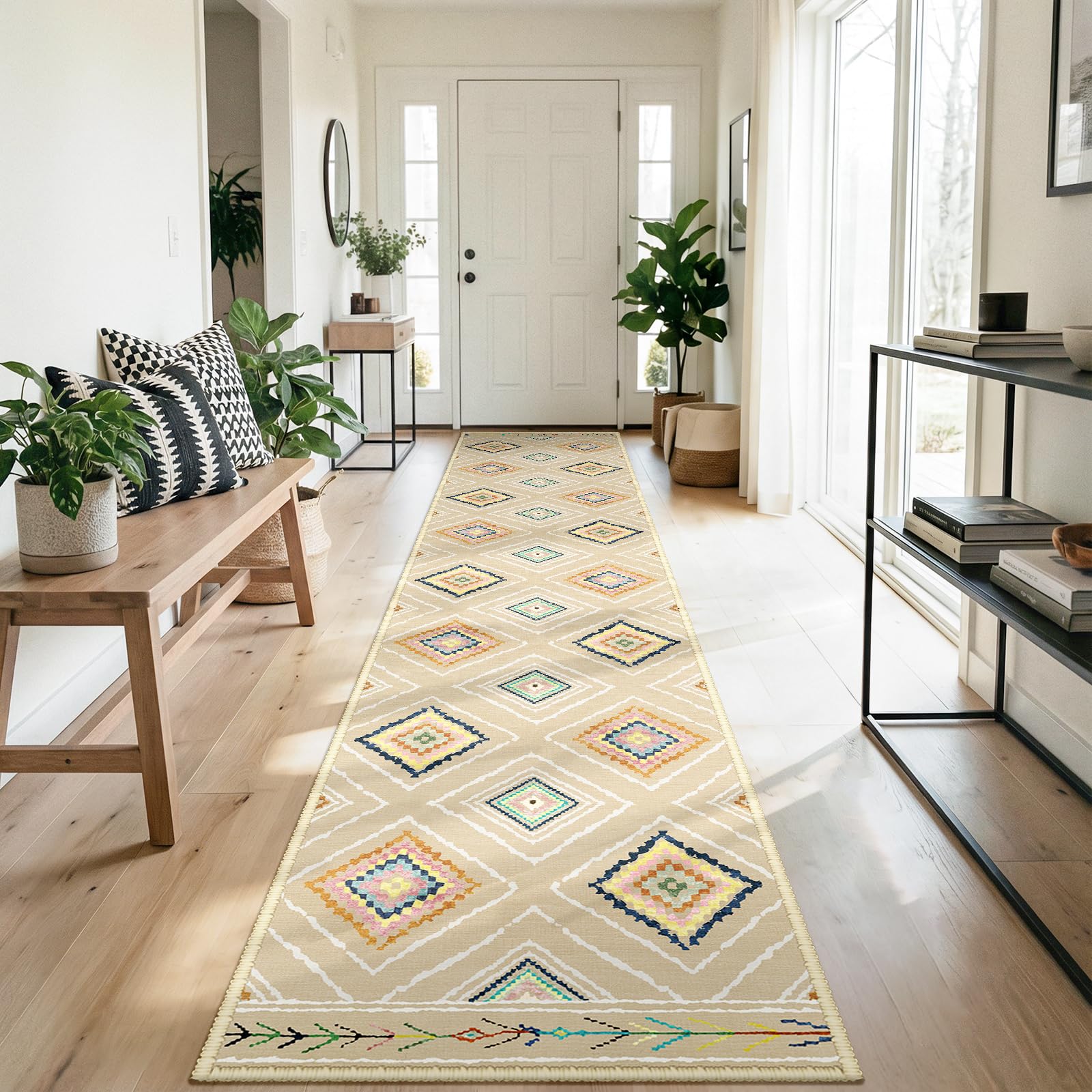 DEFYNEE Läufer Teppich, rutschfest, Kurzflor, Waschbar, Faltbar, Boho Design für Flur, Küche, Wohnzimmer & Büro