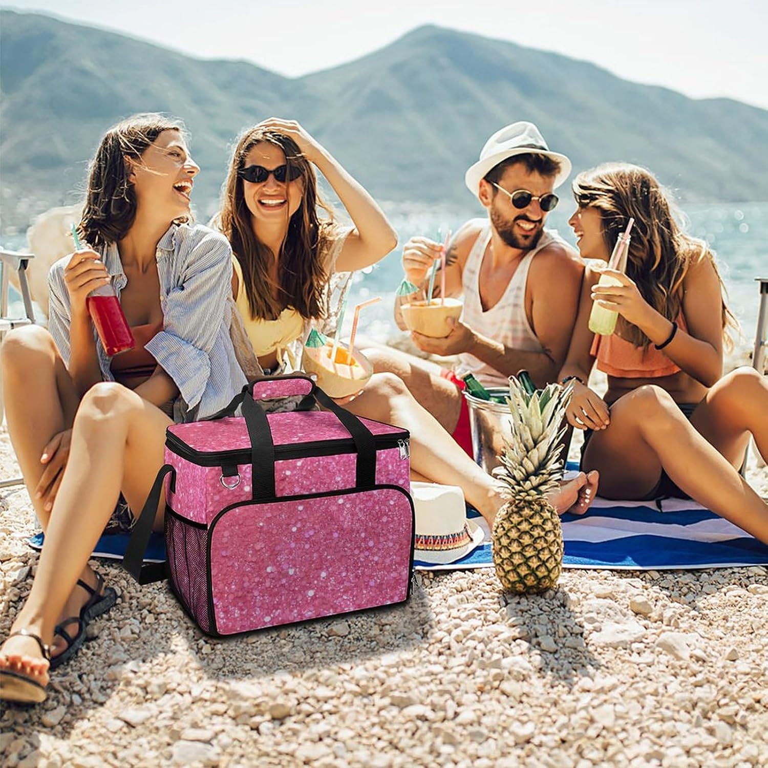 Insulated Picnic Backpack Tote Bag, Large Capacity 30L Sparkling Pink Glitter Cooler Bag Leakproof Beach Bags Portable Lunch Box Waterproof Picnic Basket for Beach Camping BBQ