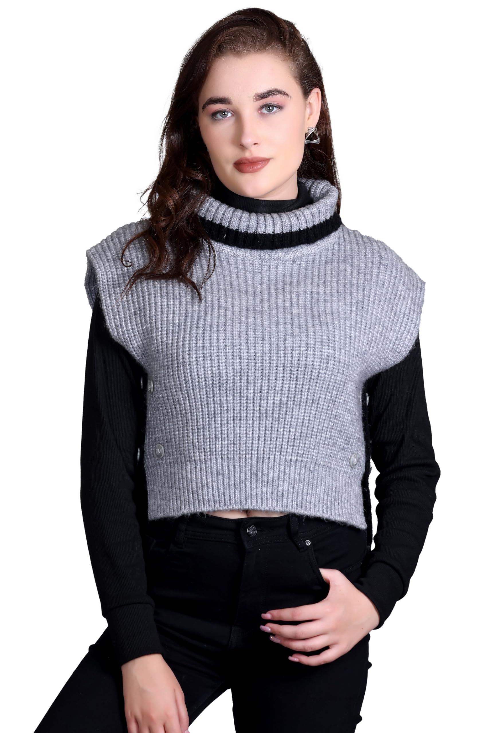 Girls Womens Acrylic Knitted Self Design Side Open High Neck Winter Wear Cardigan Poncho Grey-image-12