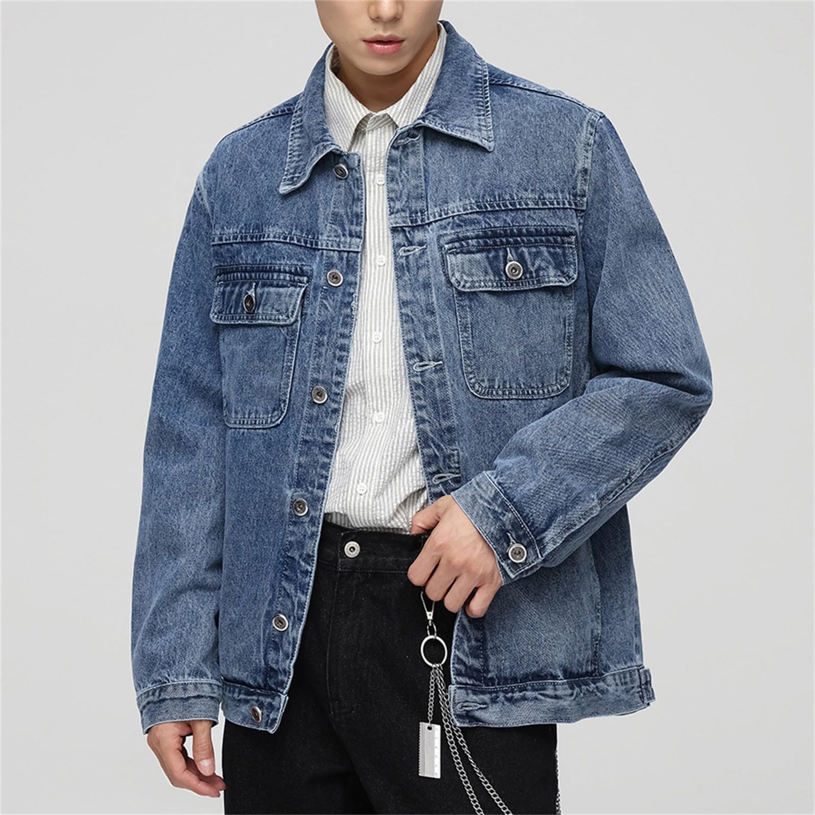 Generisch Giacca di jeans da uomo 4XL, taglie forti, giacca college con tasche e bottoni, giacca per le mezze stagioni, a maniche lunghe, con risvolto, tinta unita, giacca sportiva, comoda e versatile