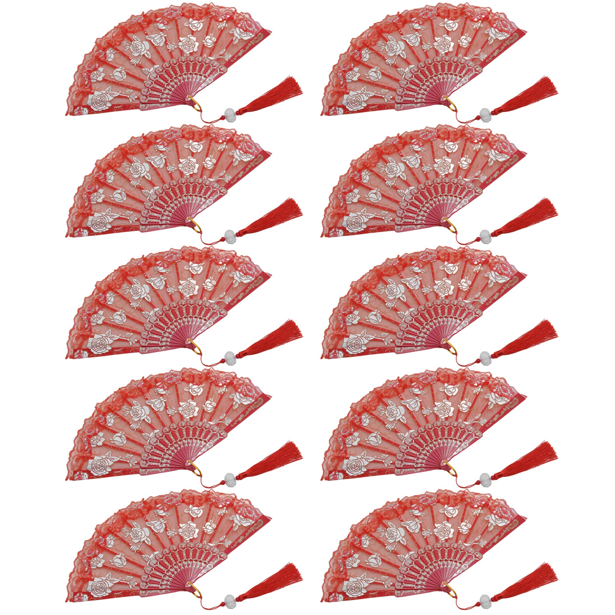 Fertnouk Spanish Fan, 10pcs Lace Folding Hand Fan, Red