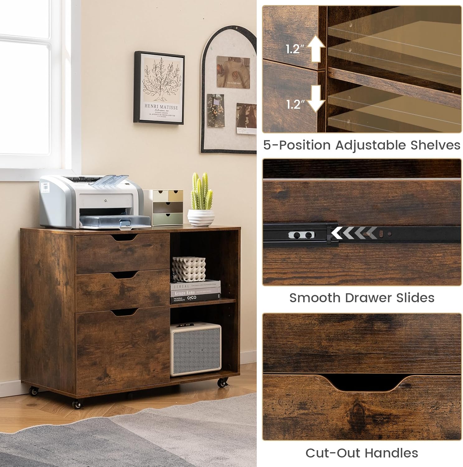 Giantex 3 Drawer File Cabinet, Office Storage Cabinet Fits Files Letter, A4, Legal Size, Rolling Printer Stand with Adjustable Shelf, Office Organization and Storage, Lateral Filing Cabinet (Brown)