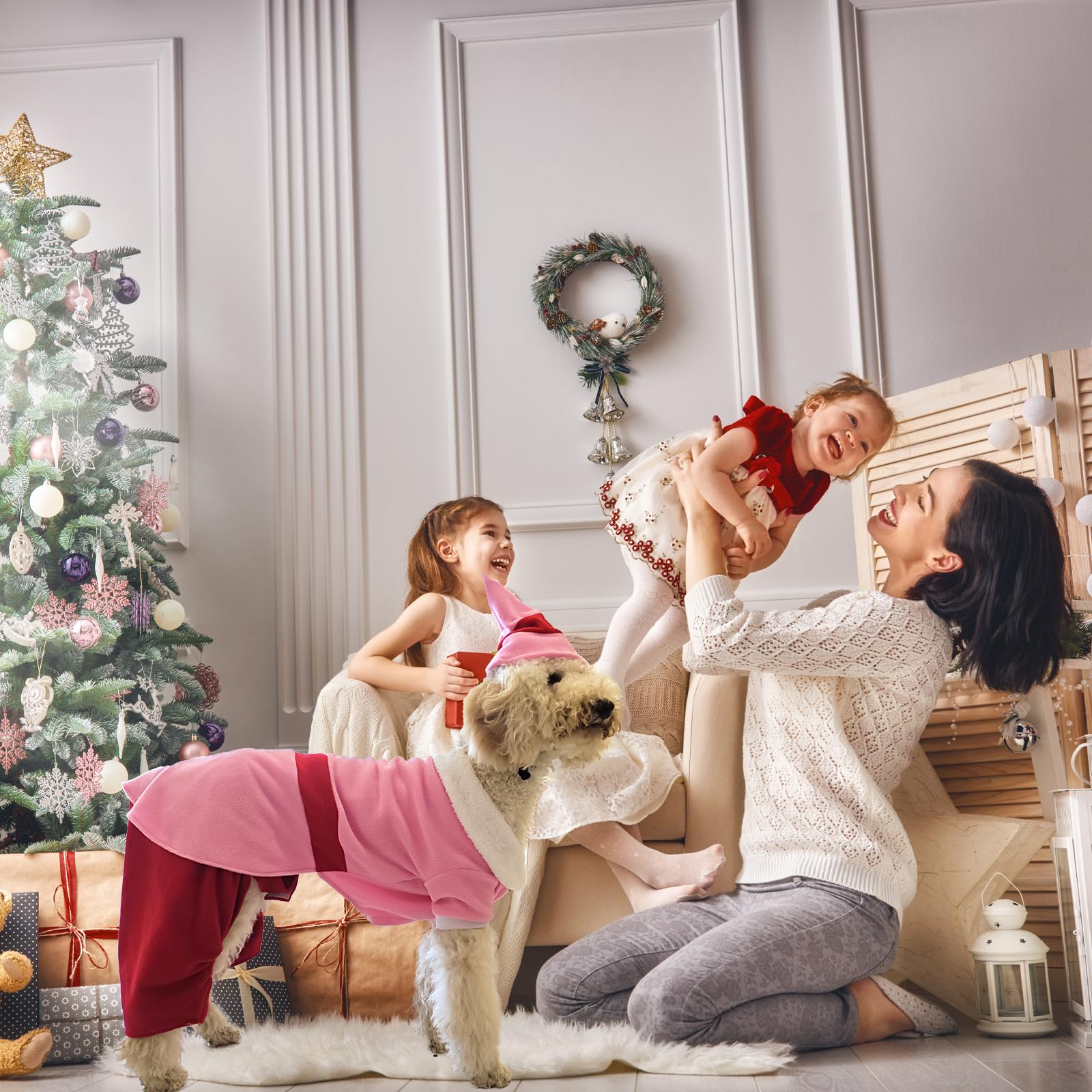 Traje de Navidad para perro con gorra, divertido traje de elfo para perro, ropa de Navidad para mascotas, fiesta de invierno, trajes cálidos (rosa, M)