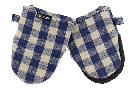 Cuisinart Buffalo Check Mini Oven Mitts 2 Pack, Blue and Ivory Plaid Design Handle Hot Kitchen Items Safely Non-Slip Grip Mini Oven Gloves with Insulated Pockets 5.5 x 7.25 Inches