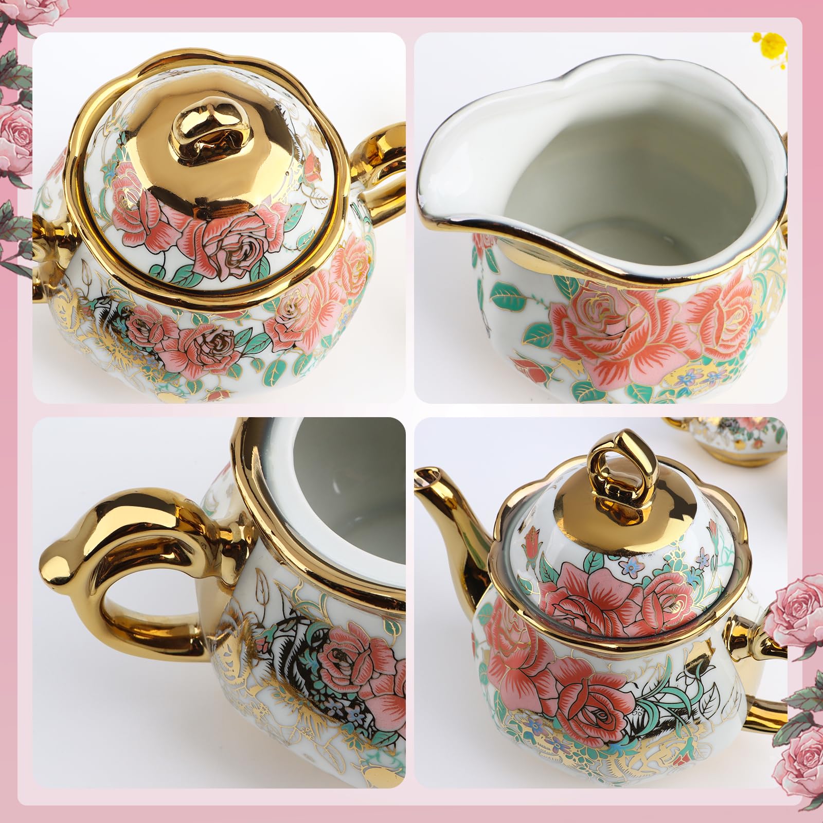 22-częściowy porcelanowy zestaw do herbaty z metalowym uchwytem, europejski ceramiczny zestaw do herbaty dla dorosłych 6, piękne zestawy filiżanek do herbaty do domu i na imprezę