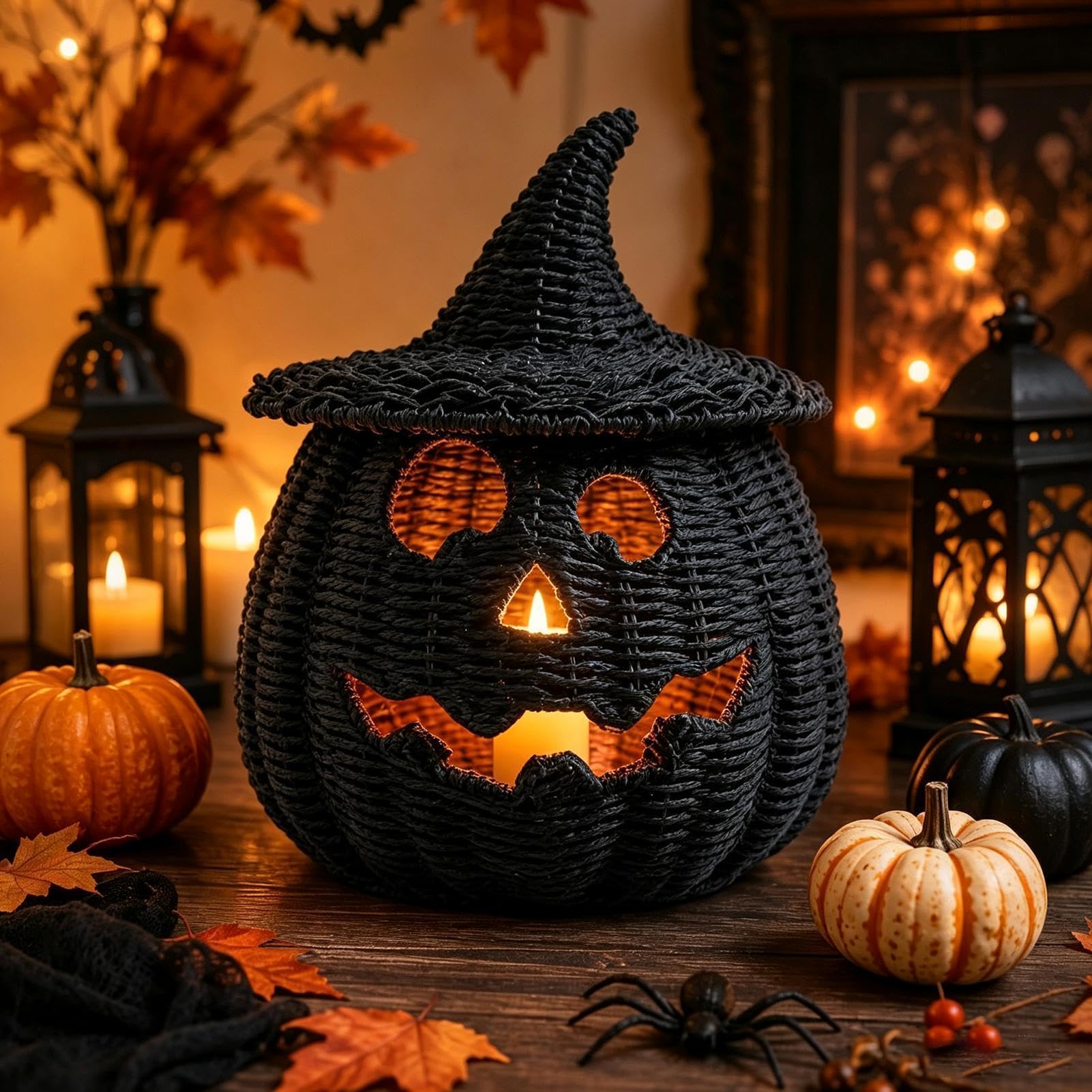 Czarny pleciony kosz dyniowy Pojemnik halloweenowy na świeczkę LED | Straszny Kosz Do Przechowywania Słodyczy Do Domu I Mieszkania, Salonu, Biurka, Kominka, Stołu, Przedpokoju, Ganku, Na