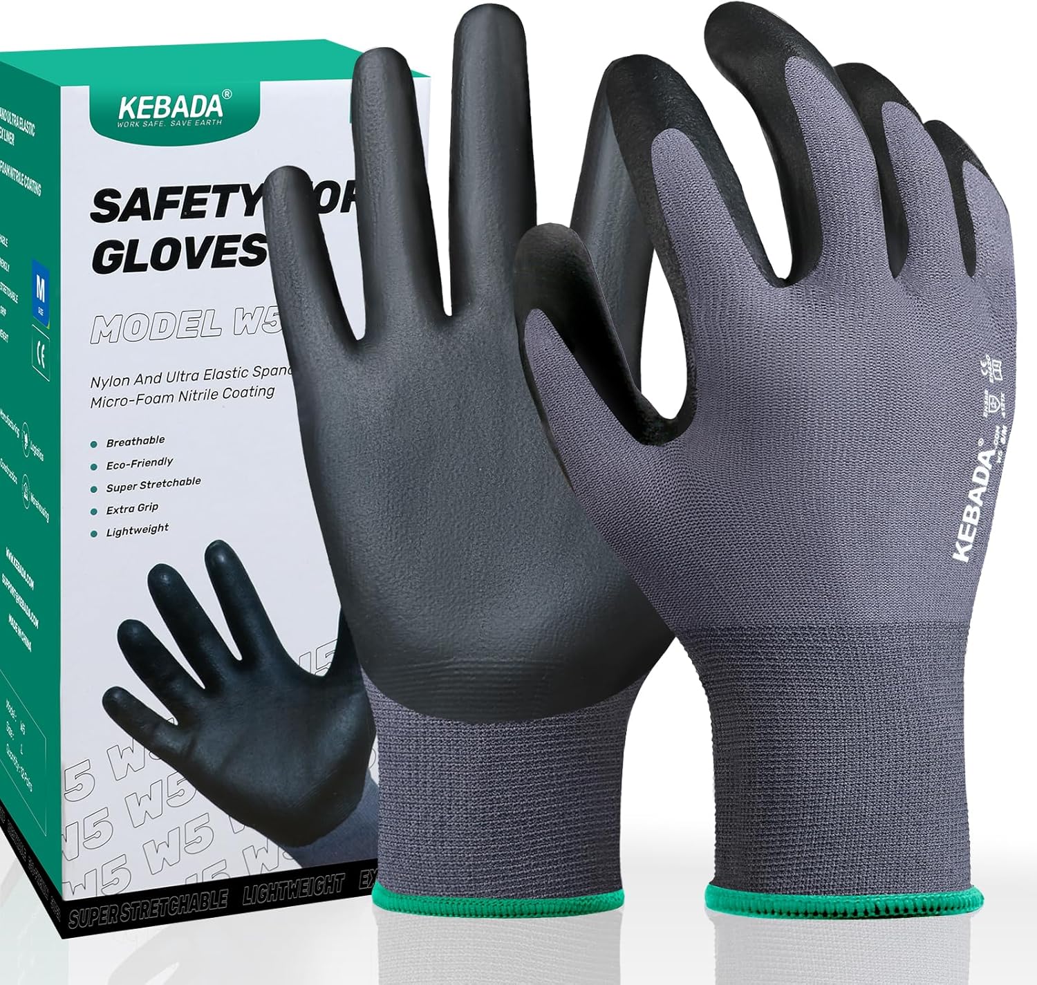 Kebada W5-12 Pairs Safety Work Gloves Foam Nitrile Coated, Seamless Knit Nylon Glove with Grip, Ideal for Mechanic, Warehouse, Construction & Gardening, Medium