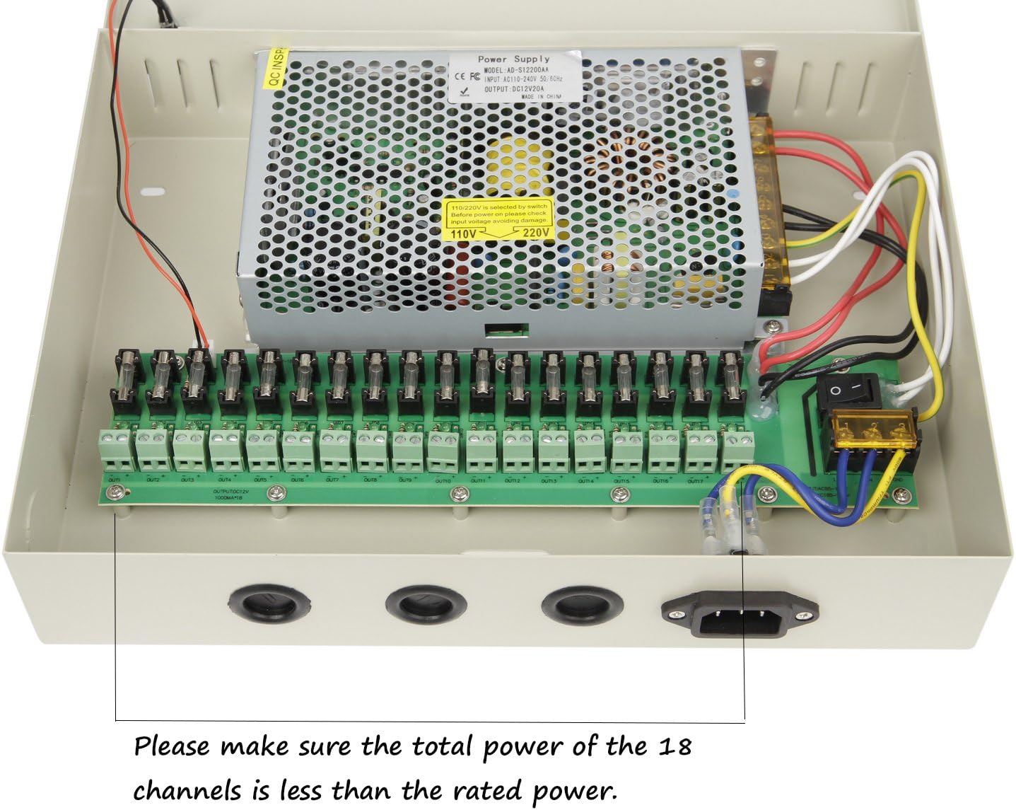 18 Channel Port 12V DC 20 Amp Amper with Glass Tube Fuse Distributed Power Supply Box for CCTV DVR Security System and Camera or Cameras