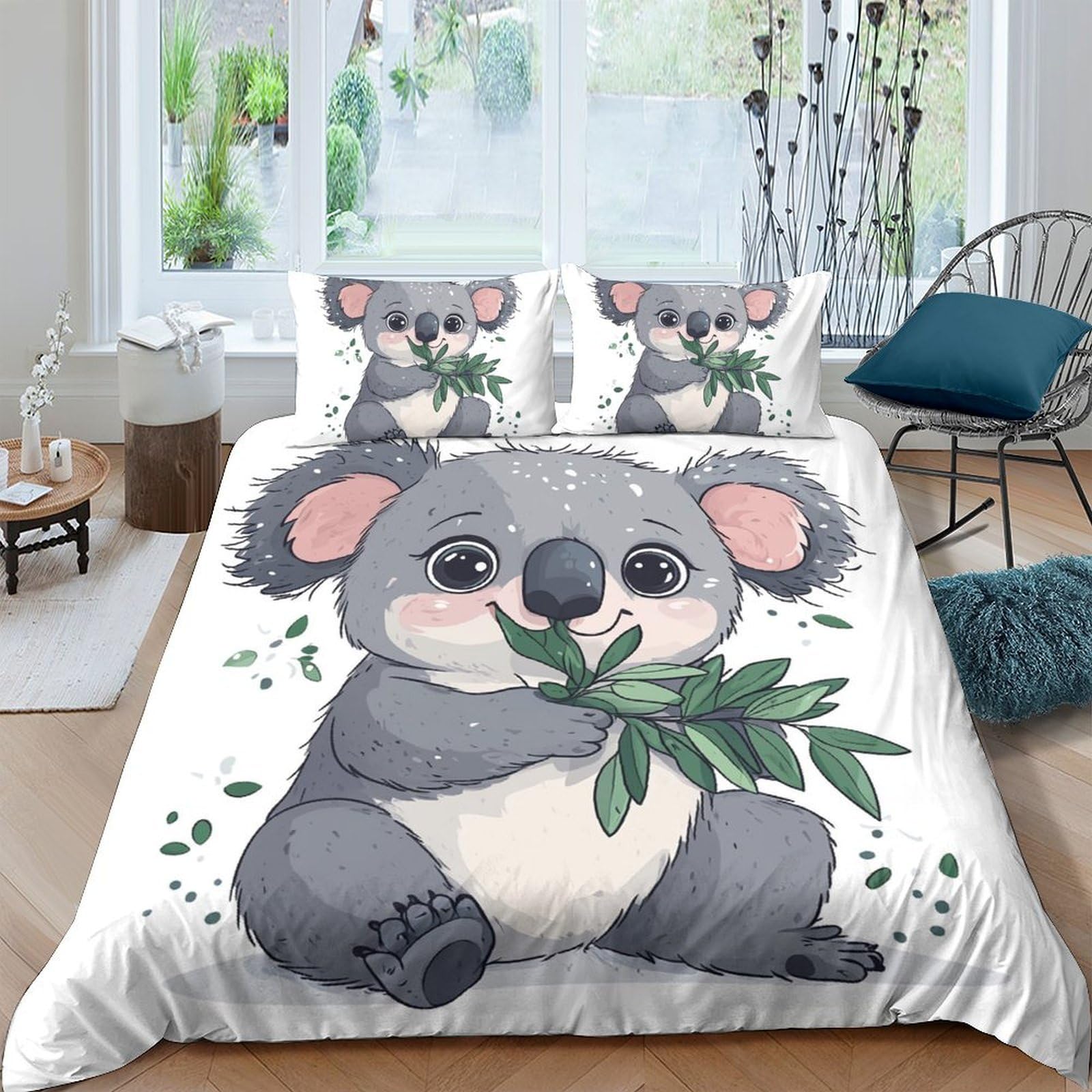 Ctjqhvkz Style-10 3D Printed Cute Koala Fitted Sheet Microfiber Soft Grey Animal Leaves Bed Cover For Bedroom Dorm Decor Easy Care Single（135X200cm）
