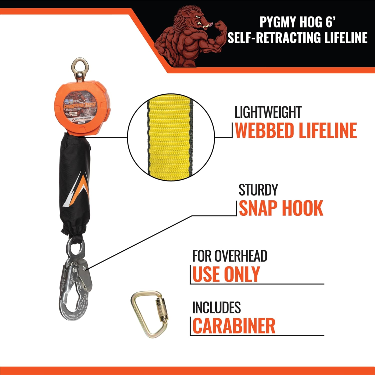 Malta Dynamics Pygmy Hog 6’ Self-Retracting Lifeline – ANSI & OSHA Compliant SRL Fall Protection and Safety Lanyard, Lightweight, Compact Design with 3,600 lb. Gate Rated Steel Snap Hook Connector