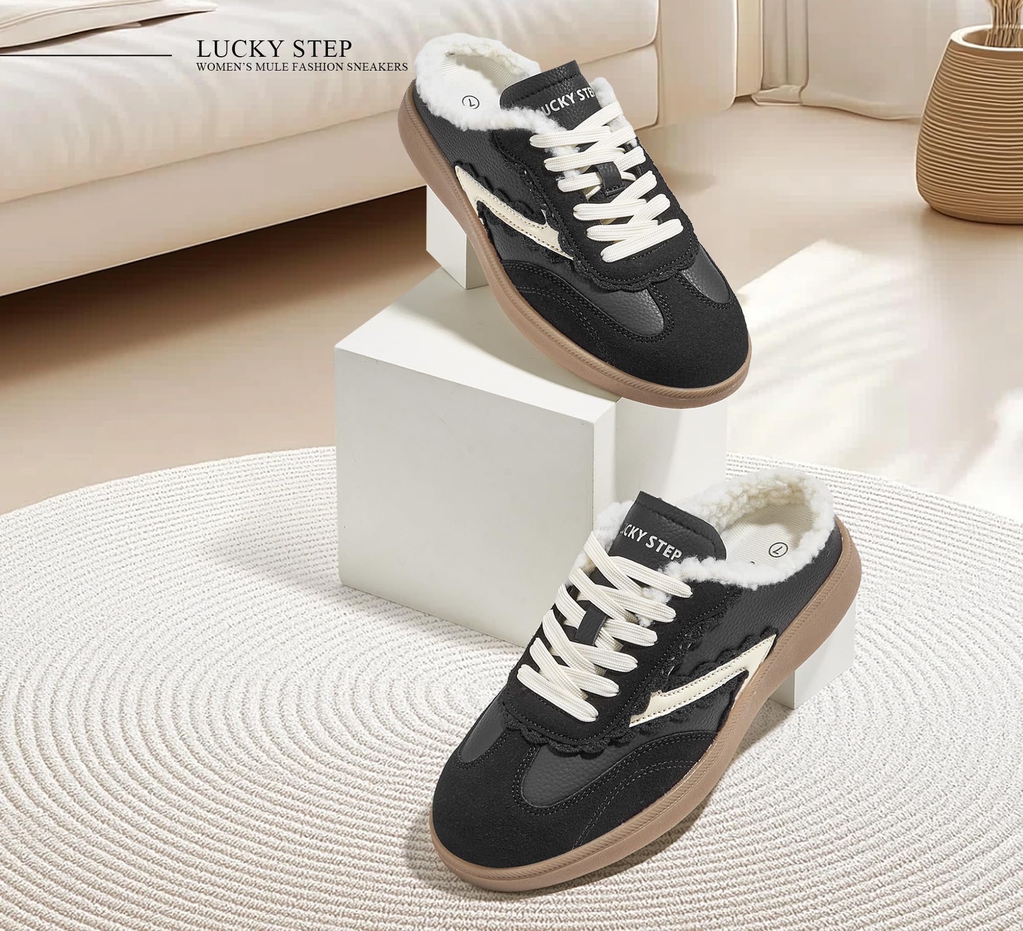 LUCKY STEP Mule Donna Senza Tacco, Sneakers Comode da Slip-On, Stile retrò e Casual per l'inverno