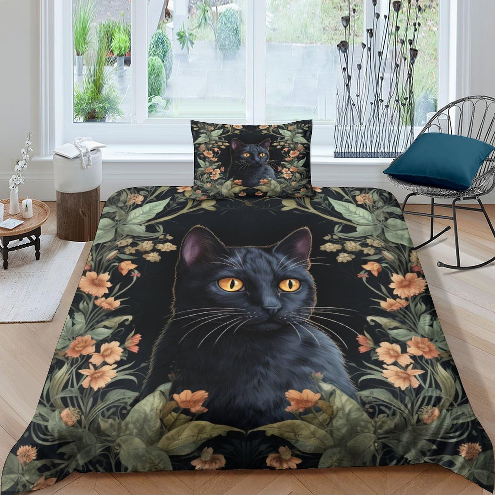 Housse de couette chat noir anti-plis en microfibre avec fermeture éclair pour lit simple