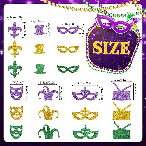 Miniatura 3 de Whaline 252 calcomanías de espuma con purpurina de Mardi Gras, máscara de mascarada, calcomanías de espuma con patrón de tambor de flor de lis,