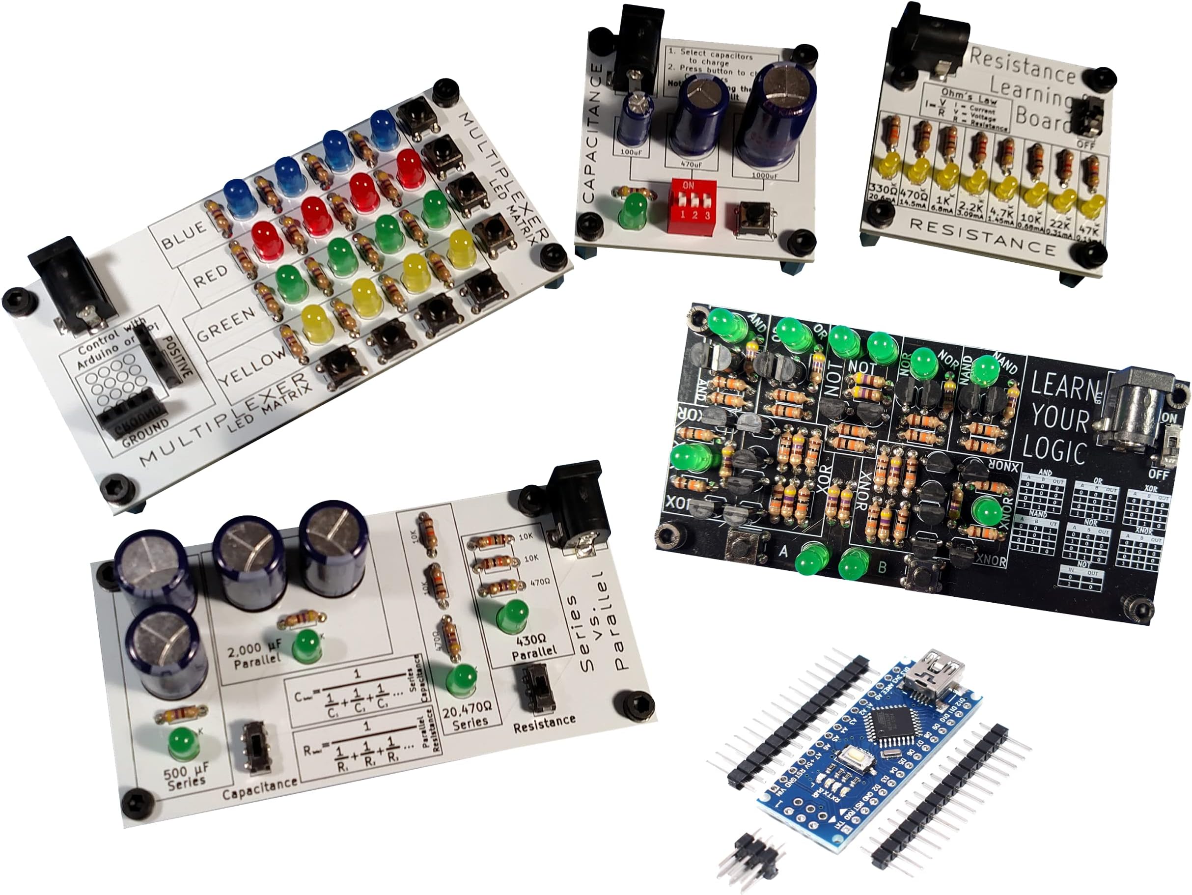 eLearnTronics Set of 5 Boards + Arduino Nano | Practice Soldering & Learn Electronics | Multiplexer, Resistance, Capacitance, Series vs. Parallel, Logic Gates + Arduino Nano