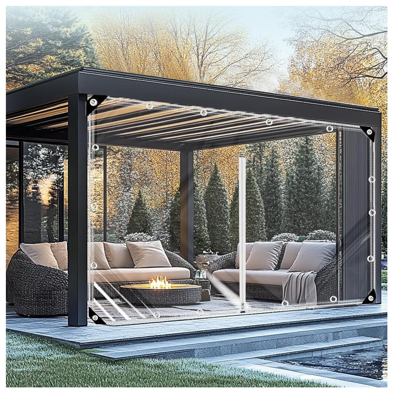 Outdoor Clear Waterproof Tarpaulin Curtains, Weatherproof PVC Tarpaulin with Zipper, Pergola Patio Porch Gazebo Transparent Side Panels with Grommets, Customizable(H2.8xW5m/H9.1xW16.4ft)