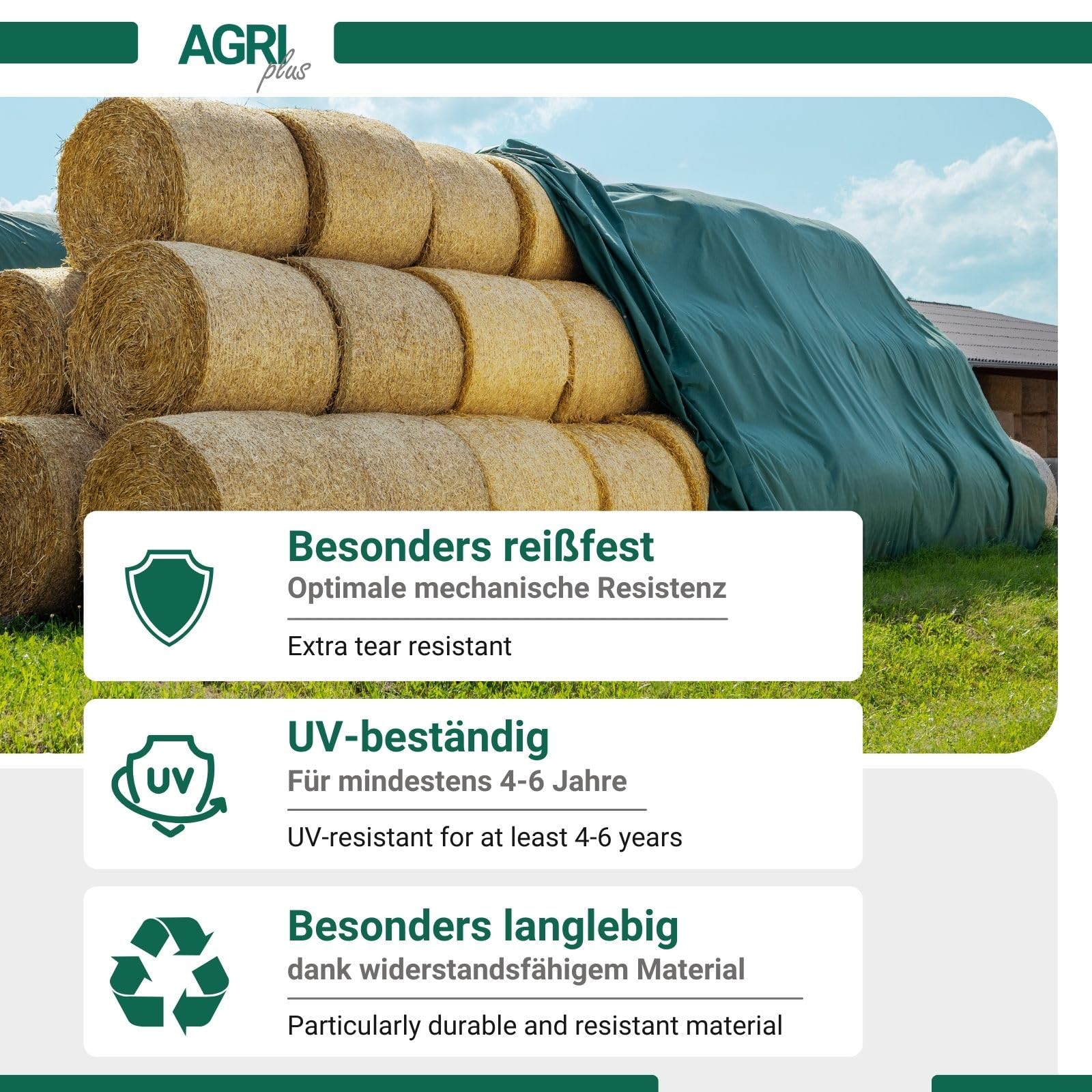 AGRI plus Strohvlies 12,20 x 25 m - mit 36 Kunststoffnägeln I 160 g/m² Schutzvlies aus Polypropylen I Reißfestes Heuvlies für langfristigen Schutz I Abdeckvlies wetterfest & UV-beständig