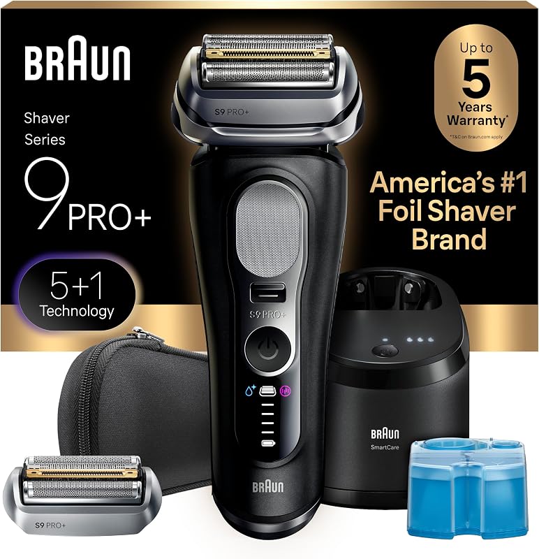 Series 9 PRO+ Electric Shaver for Men, Wet & Dry Foil Razor, 6-in-1 SmartCare Center, Built-in Precision ProTrimmer, Replacement Head, Travel Case, Black 9660CCPS