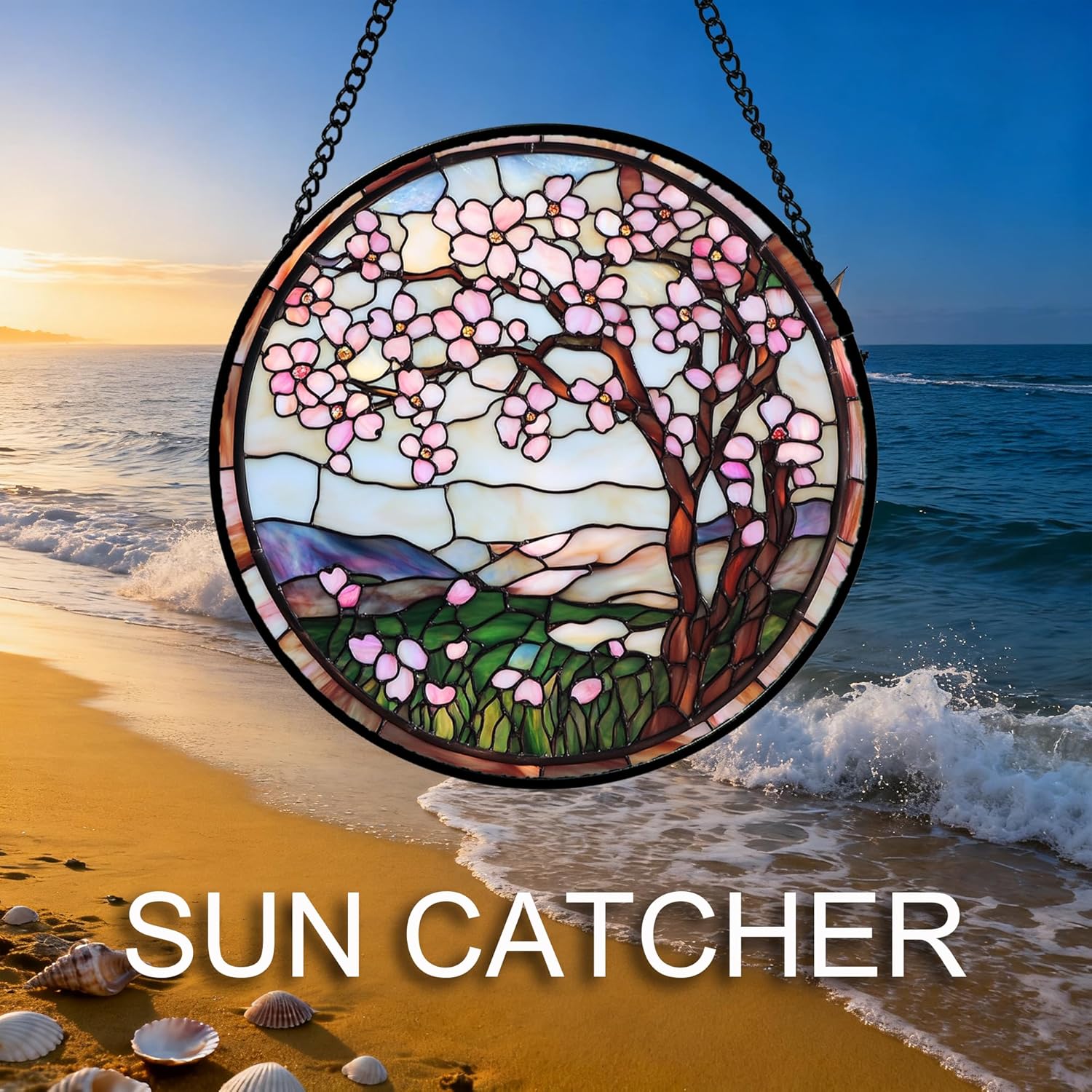 Stained Glass Window Hanging Pink Cherry Blossom Tree Large 15" - Flower Suncatcher Door Terrace Garden Sun Catcher Home Decor Birthday Christmas for Mom Wife Woman Nana