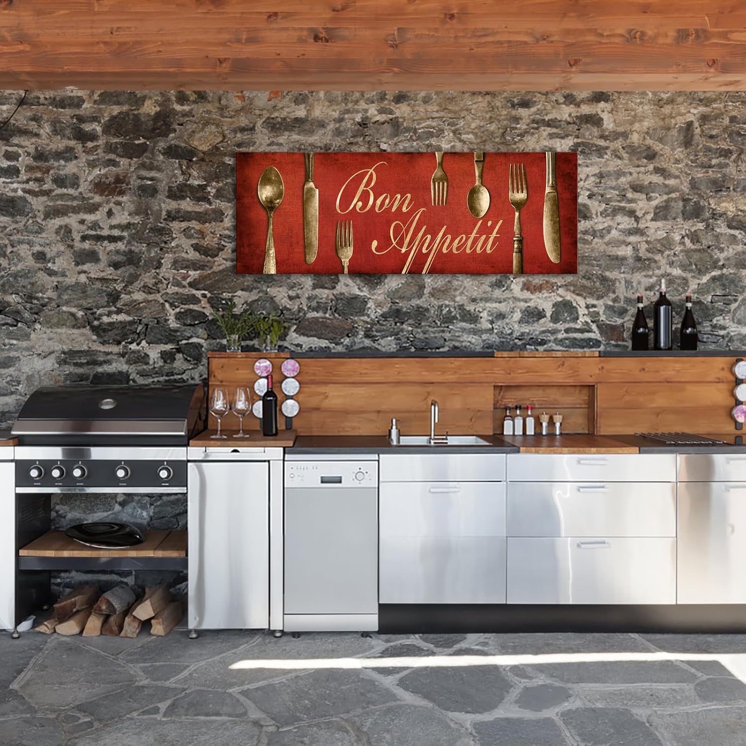 KREATIVE ARTS Red Bon Appetit Canvas Print with Gold Fork and Spoon Design 20x55 Inch Rustic Kitchen Wall Art for Dining Room, Restaurant, and Kitchen Decor Ready to Hang