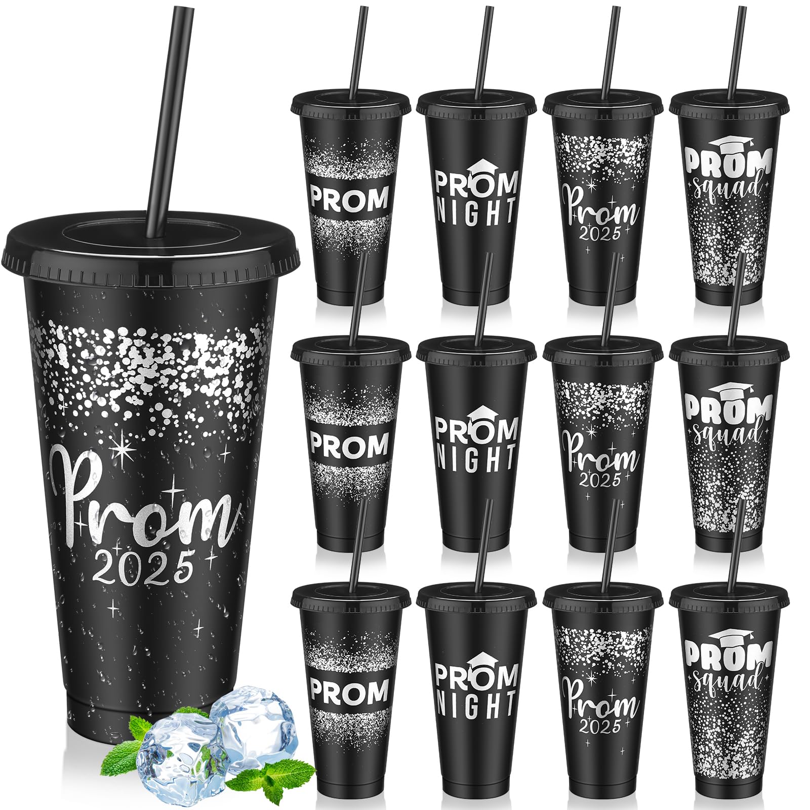 SiliFine 12 Set Graduation Prom 2025 Plastic Cups, 24oz Reusable Prom Plastic Tumblers Cup with Lids and Straws Graduation Party Dinnerware Supplies Bulk for Cold Drink (Black Silver)