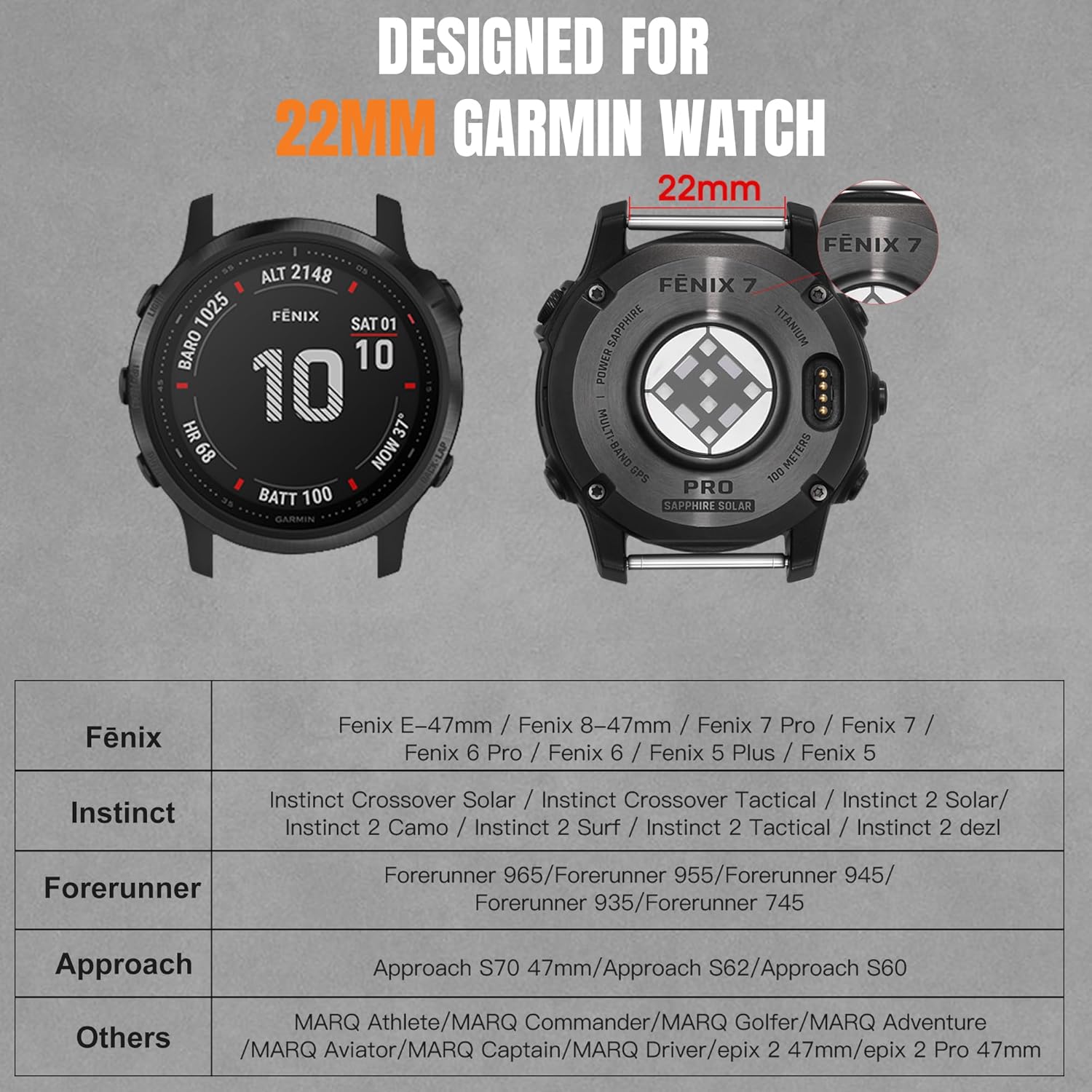 Bandletic Compatible with Garmin Instinct Watch Bands - Stainless Steel Silicone Rugged Strap Quick Fit 22mm Watch Band for Fenix E/8/7/6/5/Forerunner 965/955/945/935/745/Epix 2/Approach S70/S62/S60 - Image 5