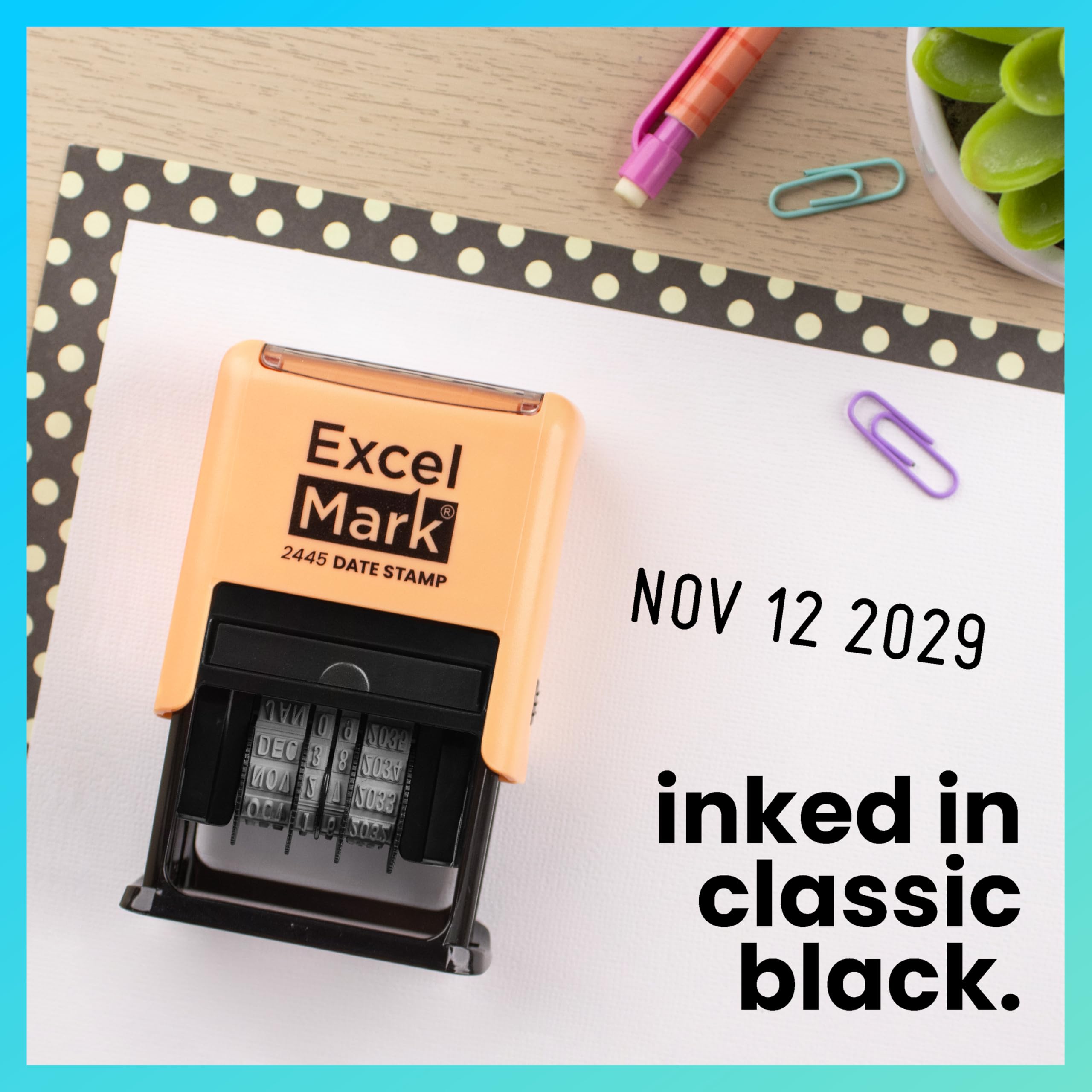 ExcelMark 2445 - Timbro con data, perfetto per spedizione, ricezione, scadenza e scadenza (inchiostro nero, supporto pesca)