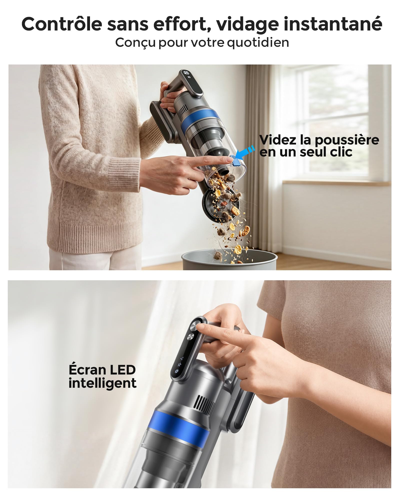 Aspirateur Balai sans Fil, 50Kpa/60Min Léger Aspirateur sans Fil, Auto-Stable, Brosse Anti-enchevêtrement, Écran LED Intelligent, pour Poils d'animaux, sols durs et Tapis,Bleu