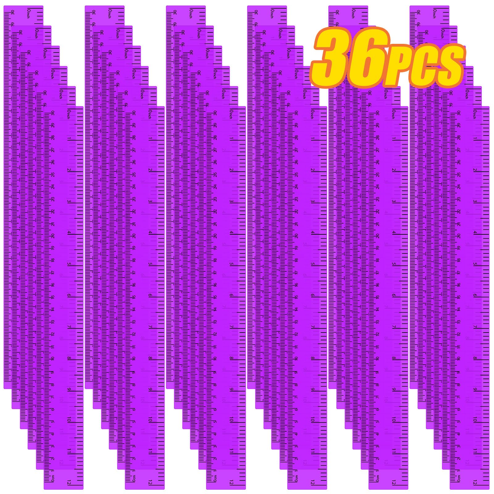 Lot de 36 règles métriques transparentes en plastique violet de 30,5 cm avec centimètres et pouces, règles de mesure droites pour la rentrée scolaire, la salle de classe, l'école, le bureau, la maison