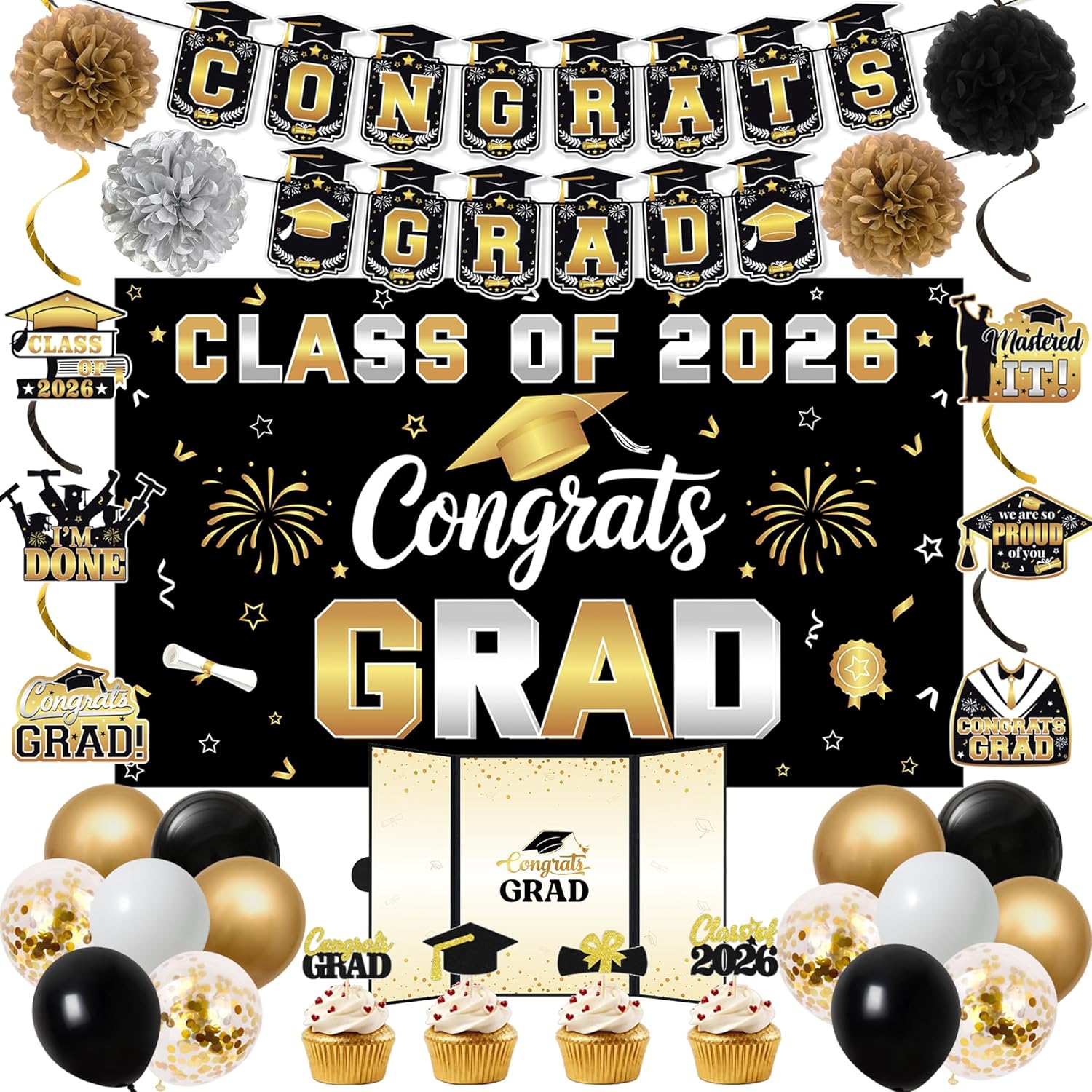 Vlipoeasn Black Gold 2026 Graduation Party Decorations, Class of 2026 College/High School Graduation Decorations Party Supplies, Black Gold 2026 Congrats Grad Backdrop Banner Signature Book