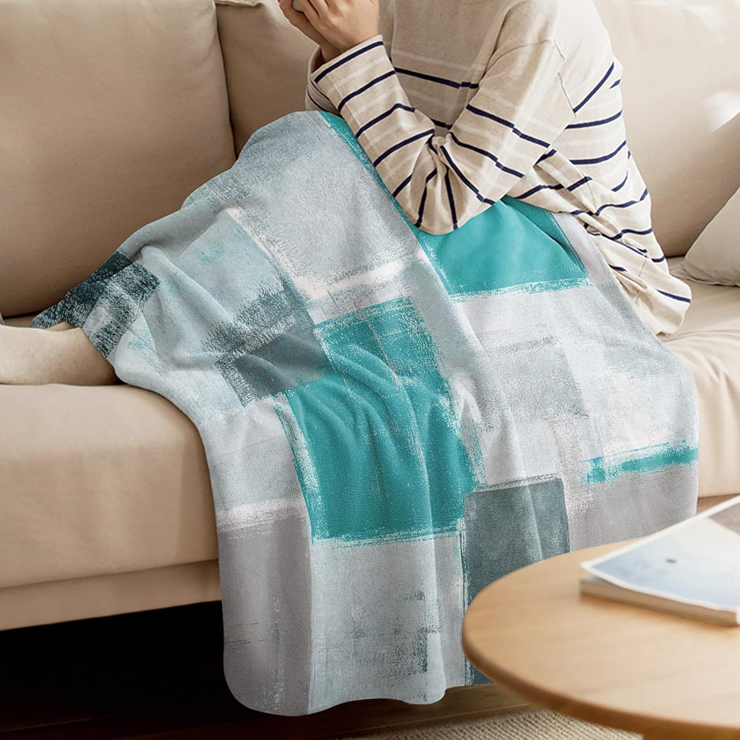 Teal Grey Throw Blanket 50 x 60 inch, Flannel Fleece Bed Blankets Unisex for Boys, Girls, Kids, Soft Fuzzy Warm Cozy Plush Microfiber Blanket for Crib Stroller Nap, Abstract Art Painting