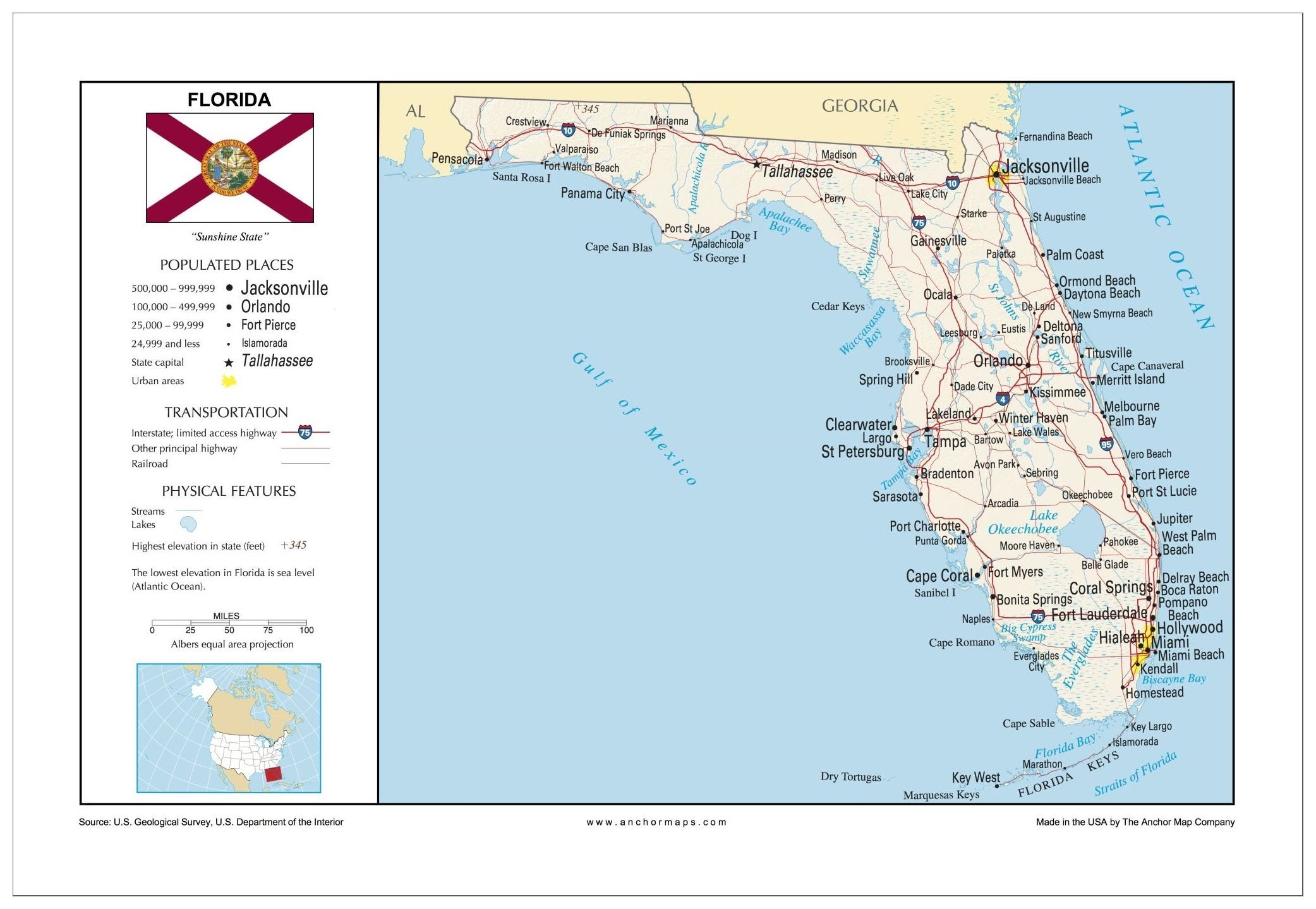 13x19 Florida General Reference Wall Map - Anchor Maps USA Foundational Series - Cities, Roads, Physical Features, and Topography [Rolled]