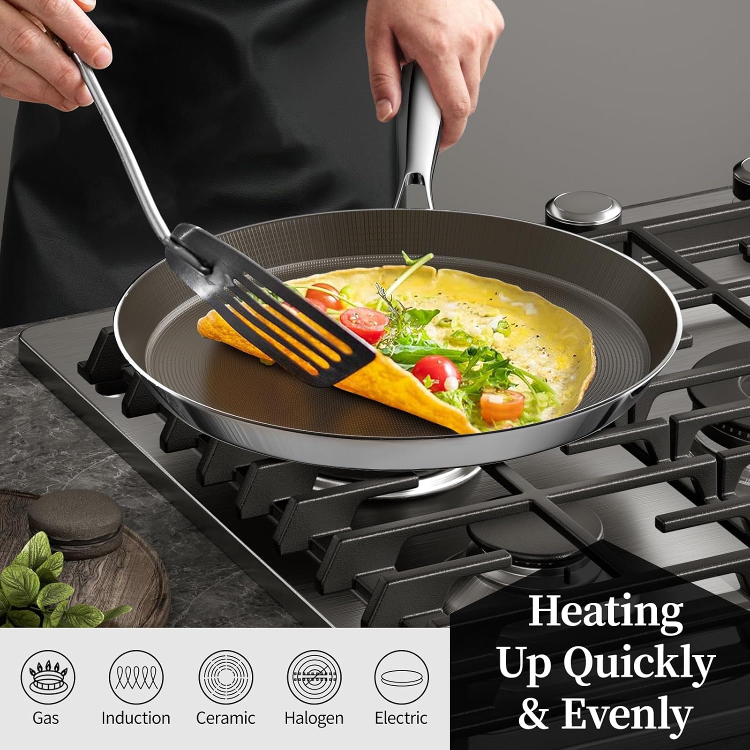 11 Inch Stainless Steel Crepe Pan - Titanium Ceramic Nonstick Crepe Pan, Stainless Steel Pancake Pan, Non Stick Flat Skillet Tawa Dosa Tortilla Griddle Pan, Induction Compatible, PFOA&PFAS Free - Image 4