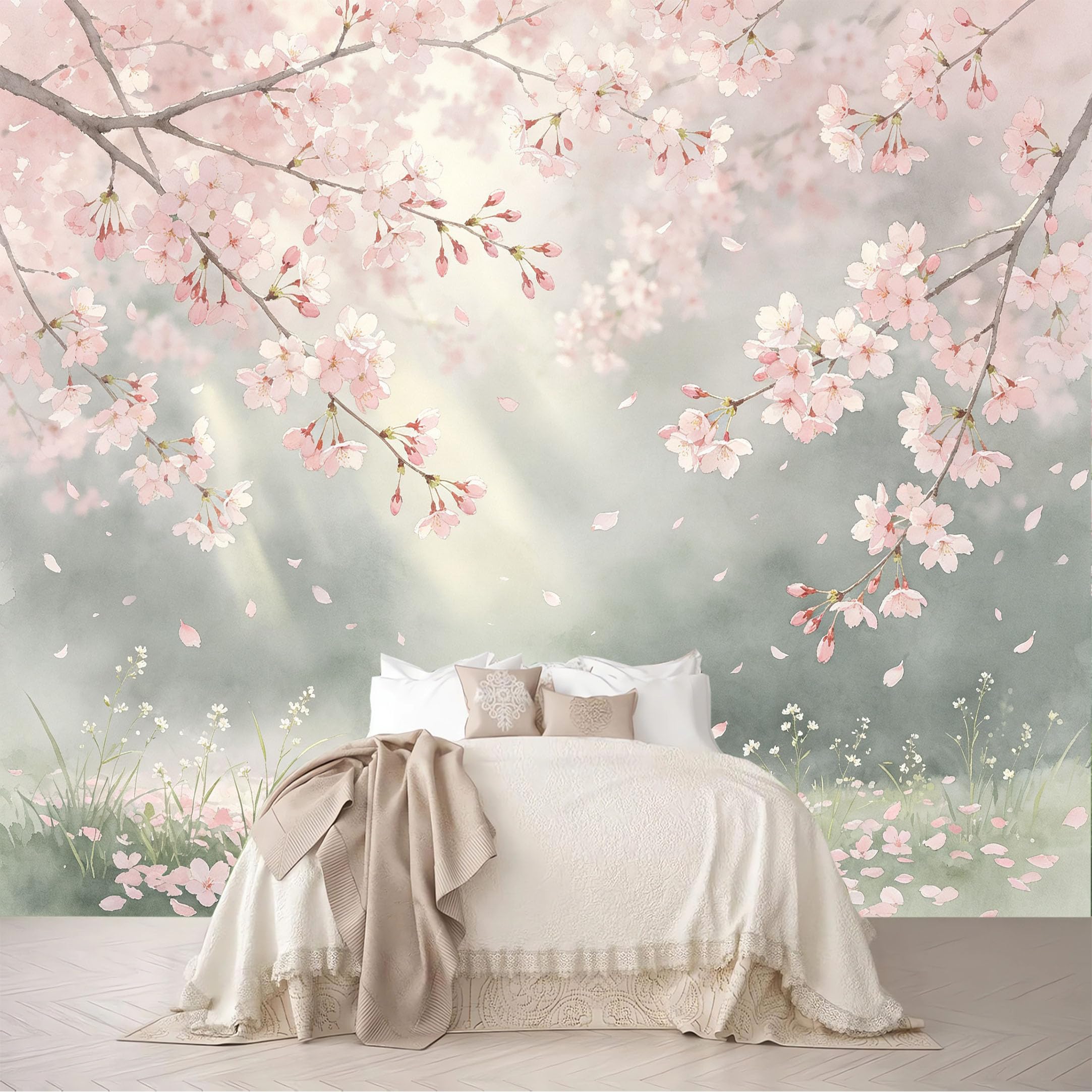 Custom Size Wall Murals Misty Watercolor Cherry Blossom Falling Petals Removable Self-Adhesive for Bedroom Living Room Dining Room