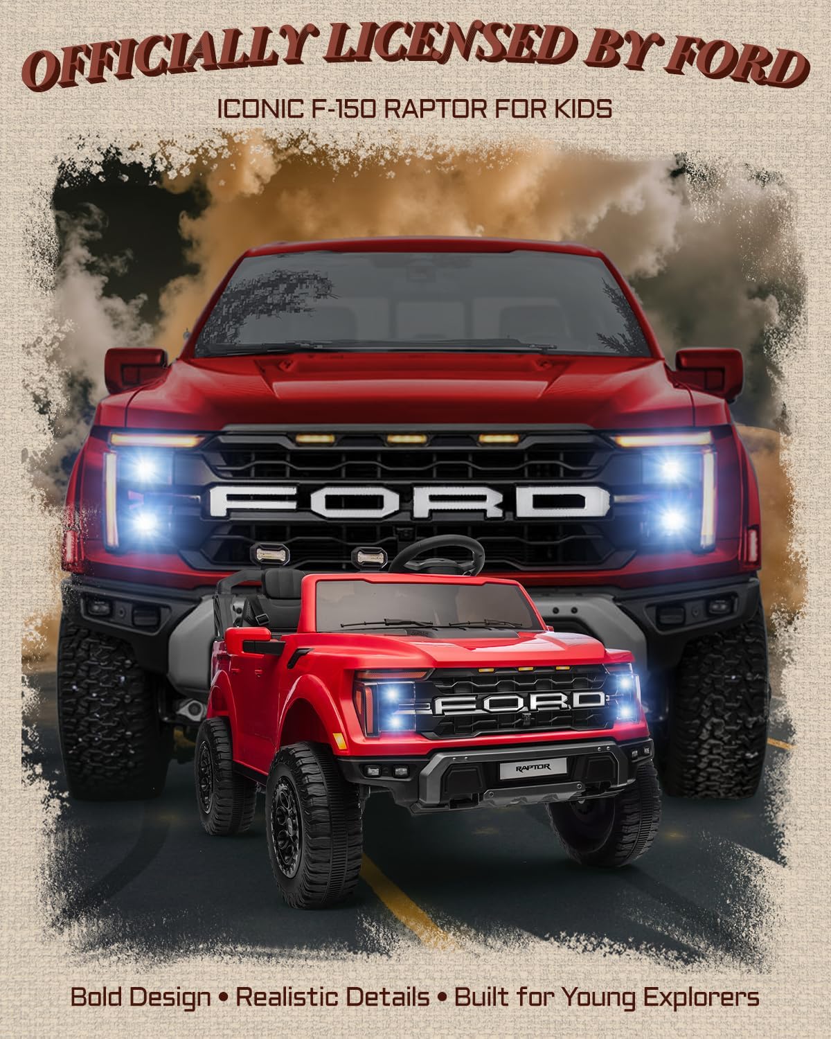 First Ride On 24V 2 Seater Ride on Toys for Kids, Licensed Ford F-150 Raptor Kids Electric Vehicles w/Remote Control, Power Pedal and Durable Wheels, LED Lights, Bluetooth, Truck Bed Storage (Red)