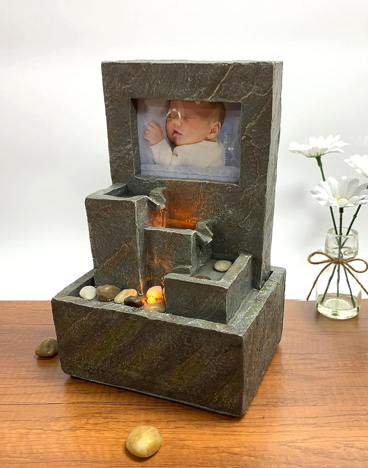 Nature's Mark 11" H Cascading Photo Frame Tabletop Water Fountain with Natural River Rocks and LED Lights (Power Cord Attached)